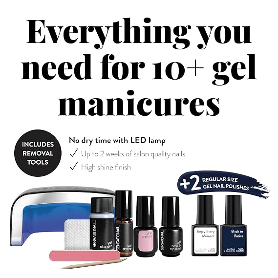 Sensationail Complete Gel Nail Polish Starter Kit - Long-Lasting Salon Grade Manicure Kit with UV Lamp - Includes Primer, Base & Top Coat, Cleanser, More - Includes White, Black, Pink Gel Polish
