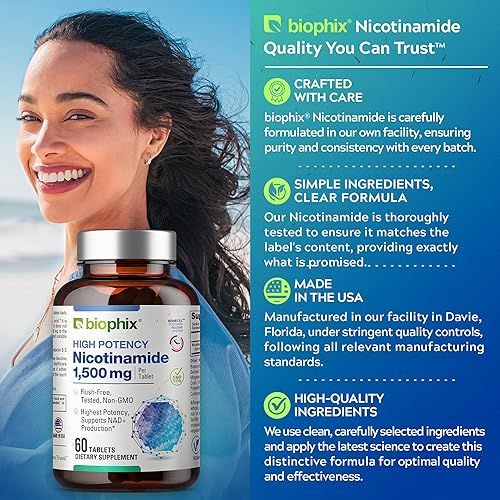 Miniatura 6 de biophix B-3 Nicotinamida 1500 mg 60 comprimidos Máxima Fuerza – Niacina Niacina Nicotínica Natural Flush-Free Vitamina Fórmula – Apoya la salud de
