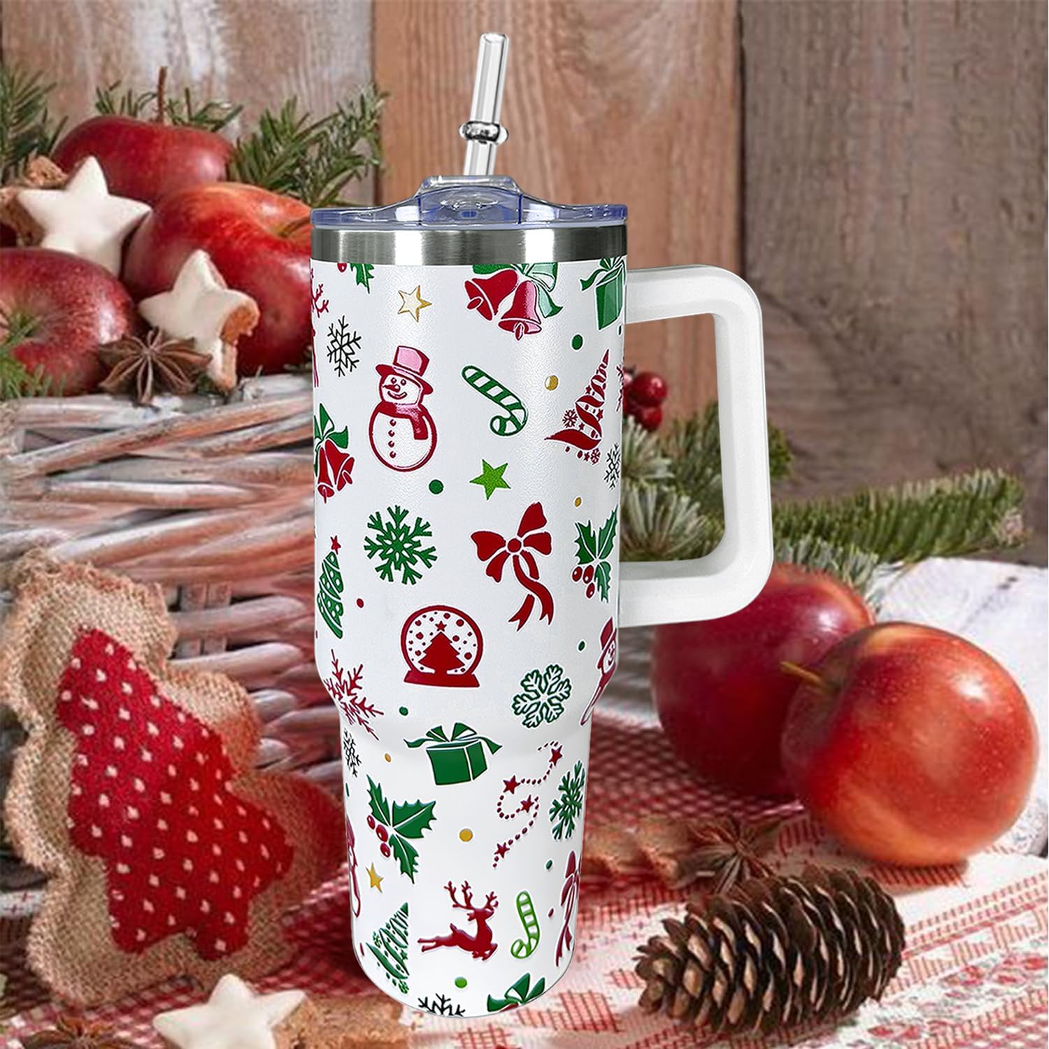 40 oz Christmas Tumbler With Handle Lid and Straw,5D Snowman Snowflake Elk Print Stainless Steel Insulated Travel Mug Xmas Coffee Cup Gifts for Men Women - Image 5