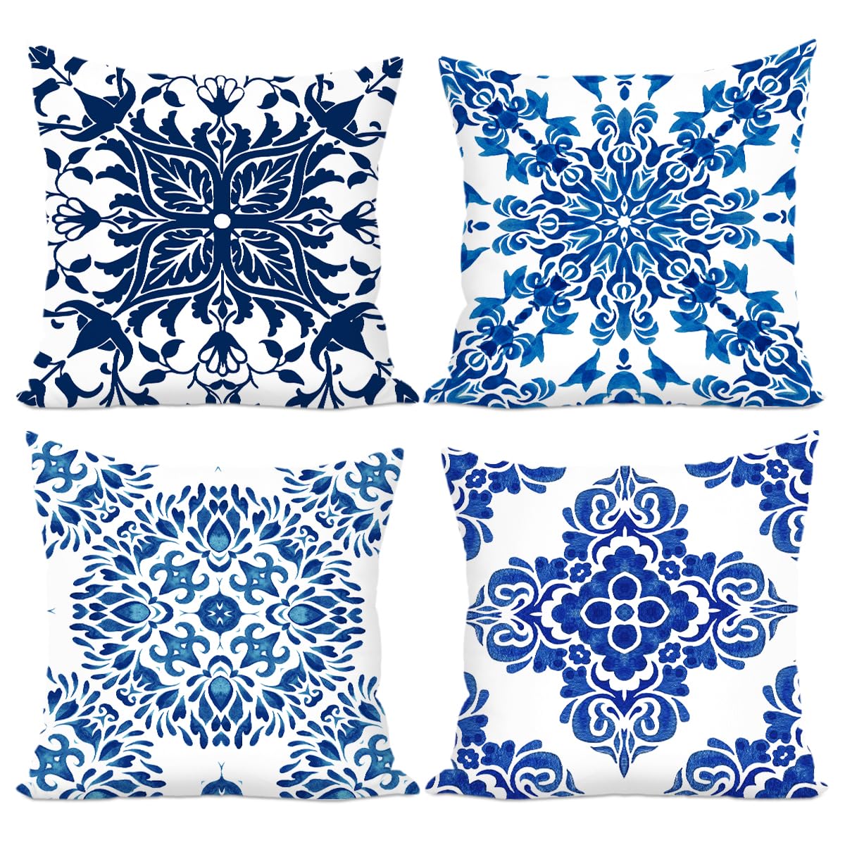 4Pcs Mediterranean Mosaic Pillow Covers 18x18 Inch Blue and White Pillows Covers with Square Pillowcases Throw Pillow Cover