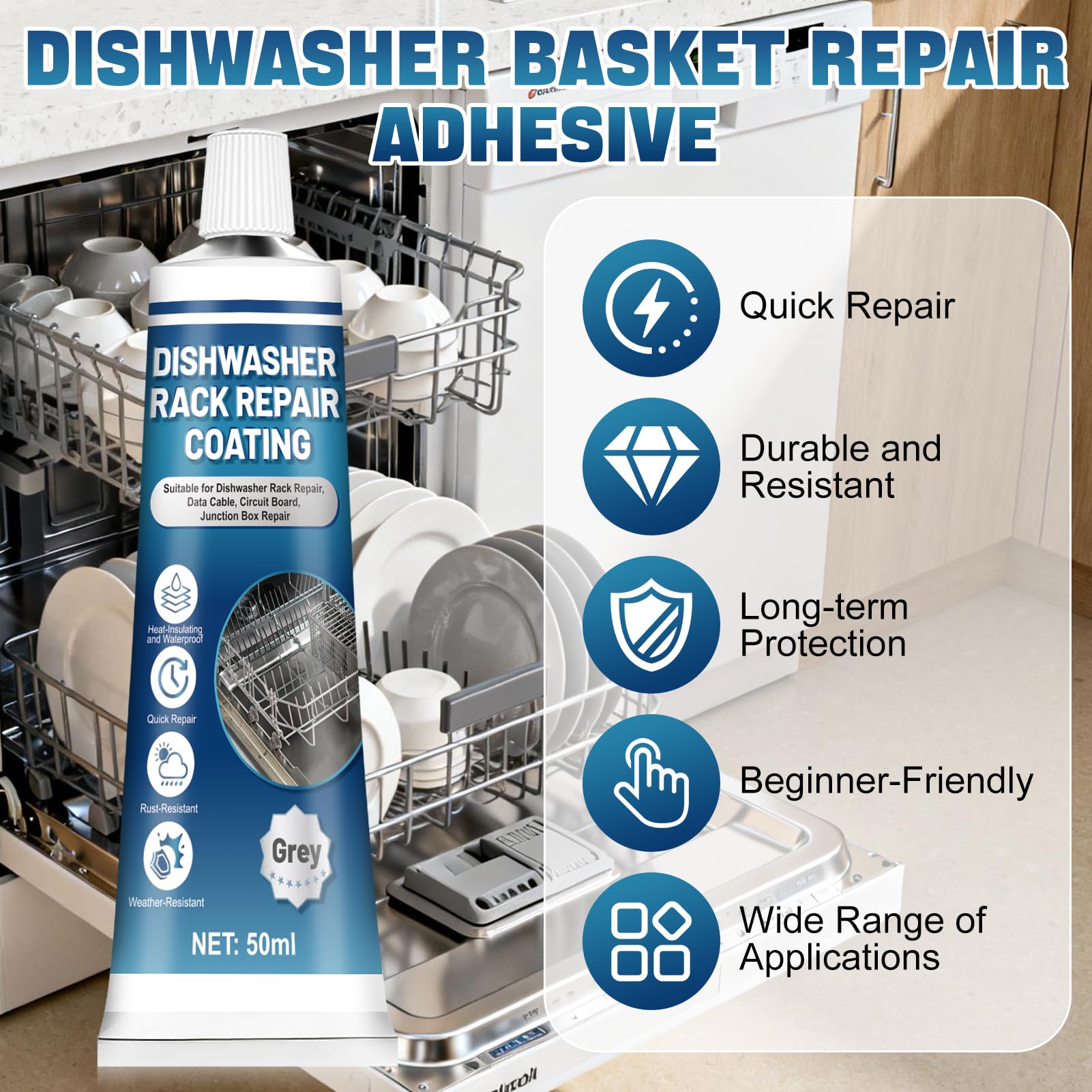 NoxGule Reparador Cesta Lavavajillas, Pintura para Cestas Lavavajillas, Rerack lavavajillas Gris, Fuerte Adherencia, Resistente al Agua, para Reparar Gomas Desprendidas en Cestas, Versión Mejorada — view 2