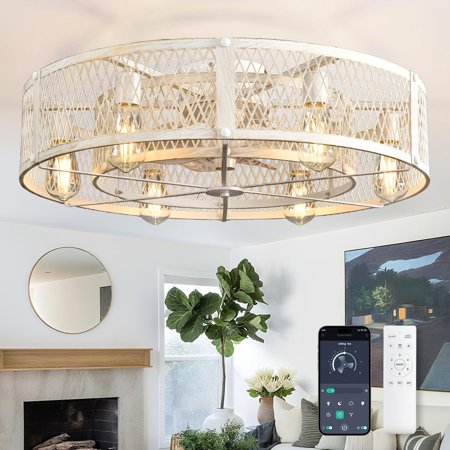 Caged Ceiling Fans with Light: 26 Inch Flush Mount Ceiling Fan with Light and Remote - Rustic Ceiling Fans with Lights for Farmhouse Kitchen Bedroom