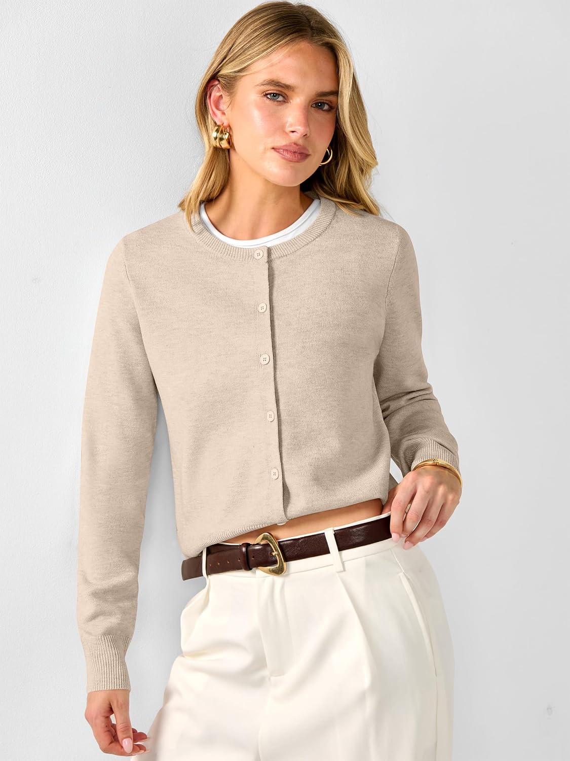 ANRABAESS Women's Cropped Cardigan Sweater | Lightweight Soft Knit，Long Sleeve Crew Neck Button Down，Dressy Cute Versatile Outfits，Spring Fall，Business Casual Work Travel