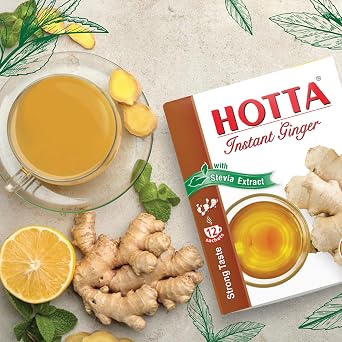 HOTTA Instant Ginger Drink, Strong Taste with Stevia, Bold & Spicy, Caffeine-Free Herbal Tea, Easy Brewing, Enjoy Hot or Cold, Real Thai Ginger, 12 Sachets