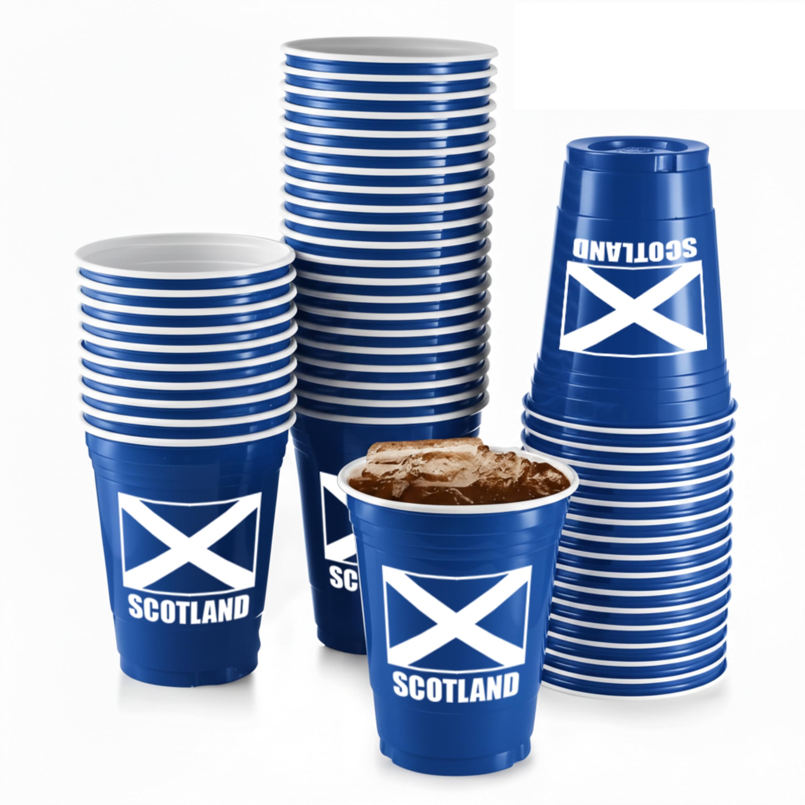 Komonee 96 x Scotland Blue Cups 500ml (16oz) - Wide Rimmed Disposable Plastic Glasses for World Cup, Football, Euros, Rugby, Scottish Parties & Adult Novelty