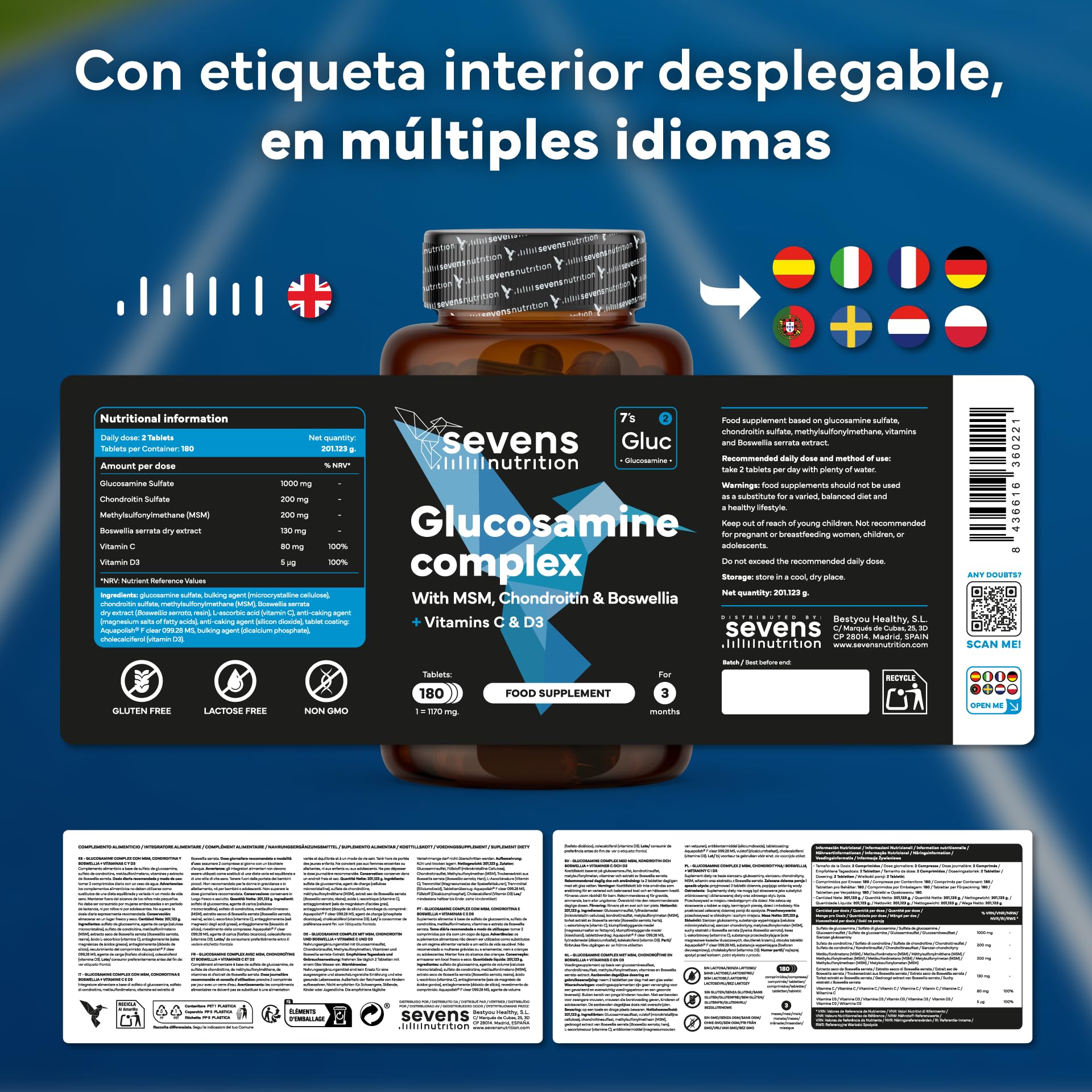 Glucosamina Condroitina MSM Premium - 180 Comprimidos - Alta Dosis con Boswellia, Vit C y D3 - Antiinflamatorio Natural - Articulaciones, Cartílagos, Huesos - Glucosamin Complex - Sin Aditivos ni GMO
