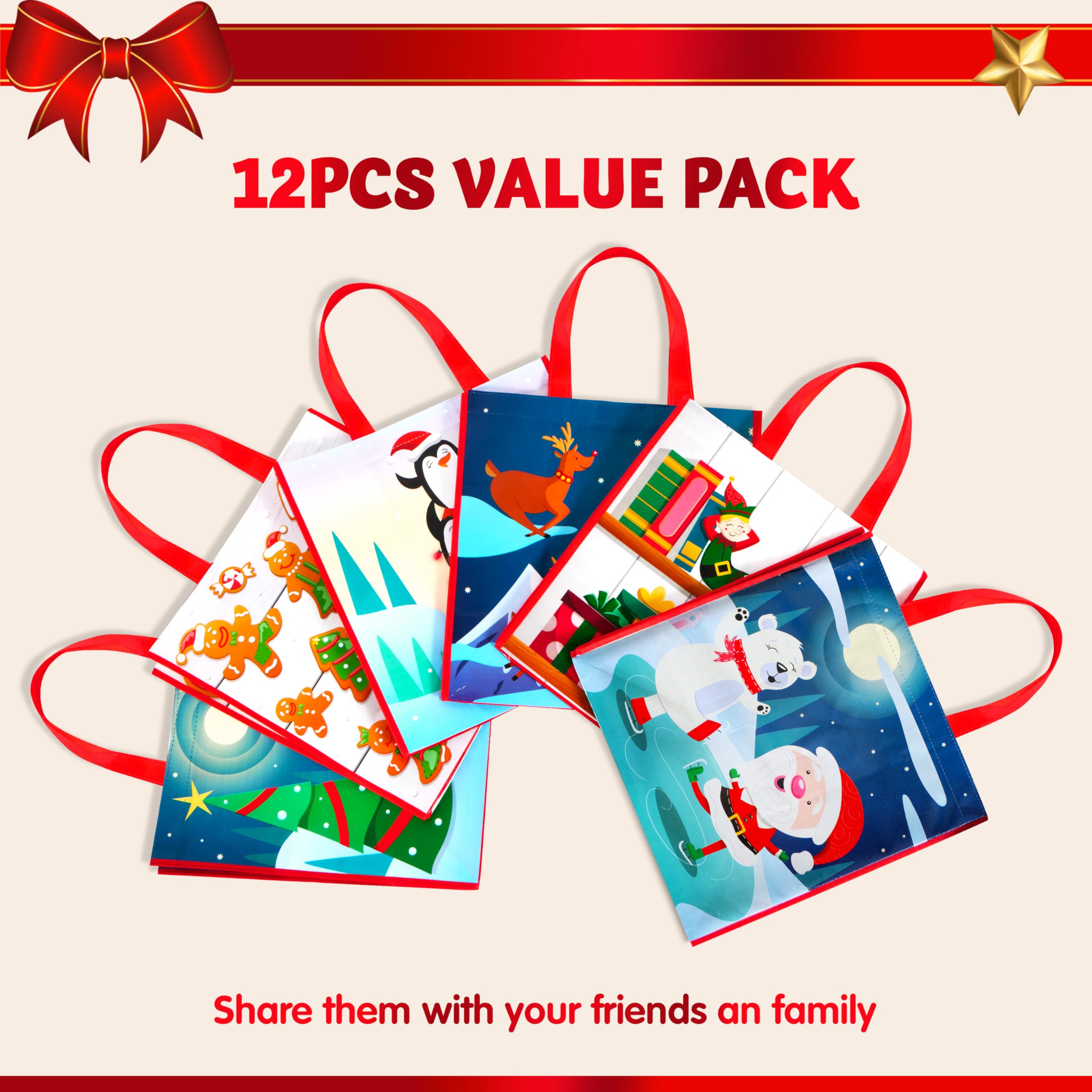 JOYIN 12 Bolsas de Asas Grandes Navideñas de 34 x 35cm Bolsas Reutilizables para Compras Navideñas, Bolsas de Regalos para Fiestas de Navidad