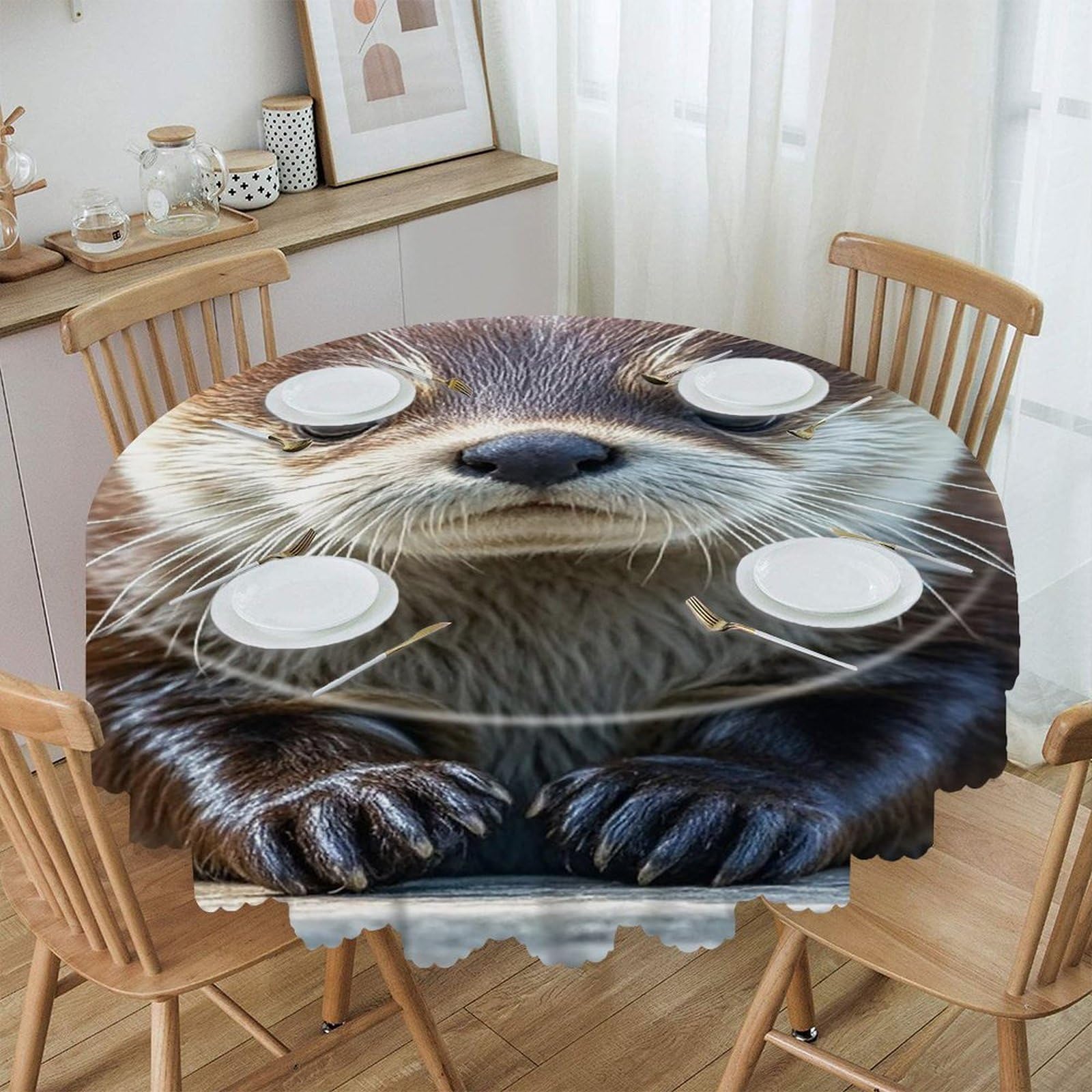FekiLoot 60 Inch Round Cute Otter Tablecloth Waterproof Heavy Duty Polyester Table Cloth Spill-Proof Wipeable Table Cover Decorative Circle Dining Tablecover for Party Outdoor