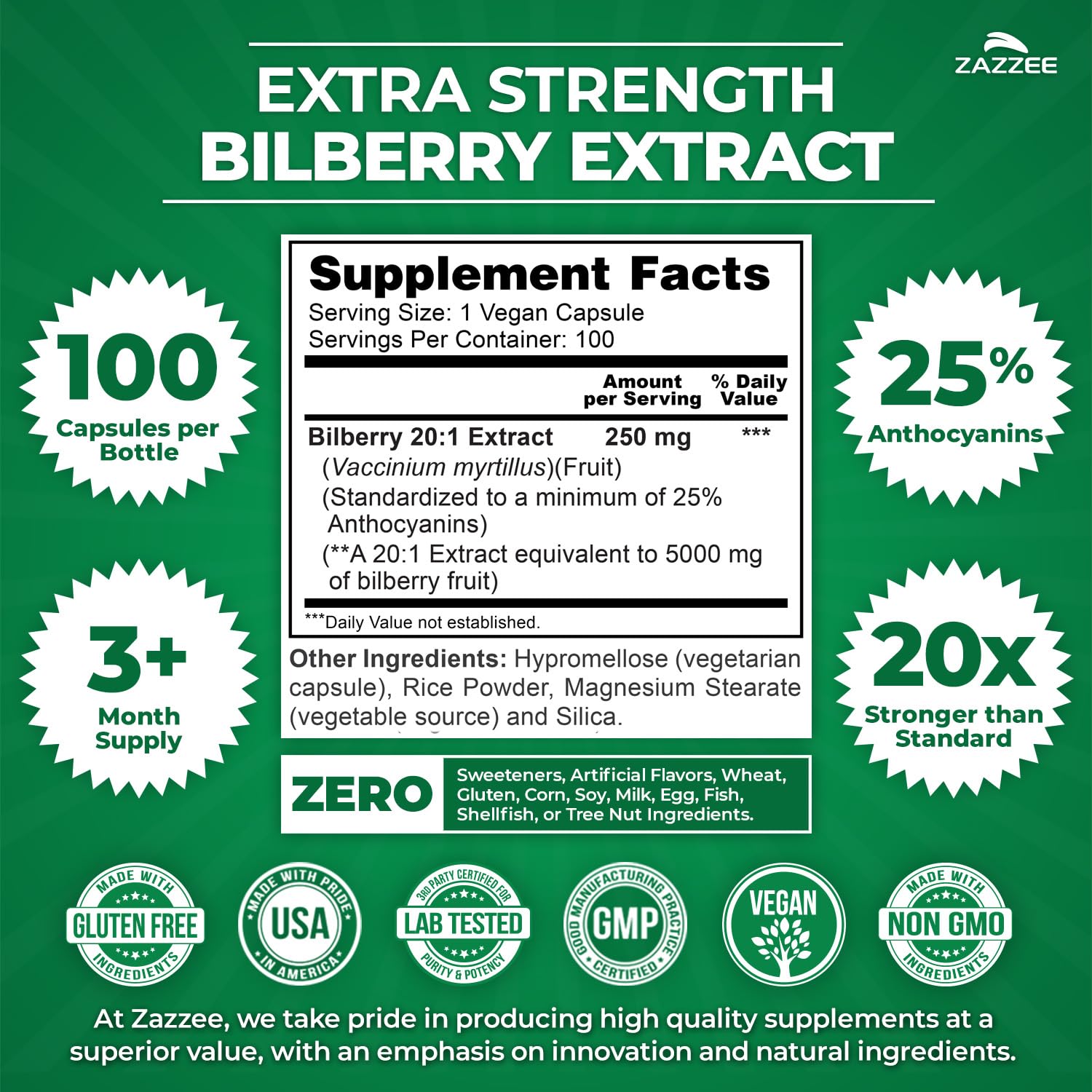Zazzee Extra Strength Bilberry 20:1 Extract, 25% Anthocyanins, 100 Capsules — Amazon image 2