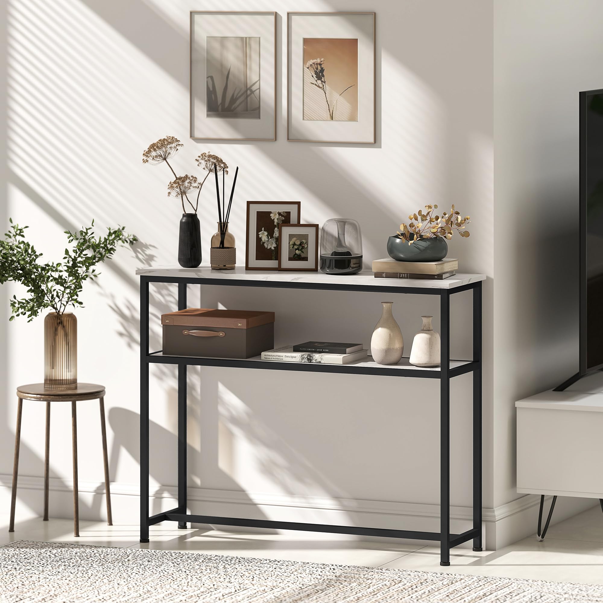 HOMCOM Mesa Consola Moderna Consola Recibidor Estrecha 100 cm Blanco | Superficie con Efecto Mármol, Estante Abierto, Marco de Metal, Mesa de Sofá, para Entrada Sala de Estar