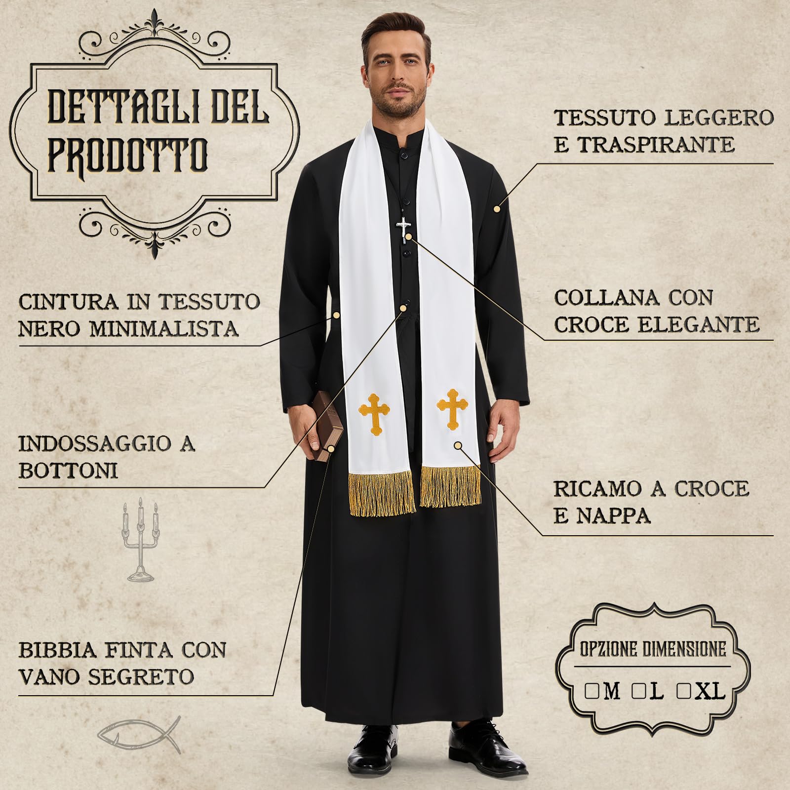 BuzzoXerex Costume Prete Uomo, Costumi Halloween Uomo, Vestito Prete con Stola, Catena con Croce, Cintura e Scatola per Bibbia per Halloween, Carnevale, Cosplay