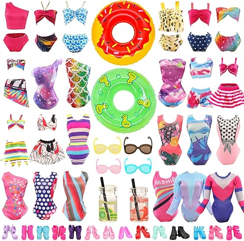 BARWA 18 piezas de ropa y accesorios para muñecas de verano, incluyendo 5 juegos de trajes de baño de playa bikini con 2 anillos de natación, 2