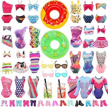 BARWA 18 Pcs Summer Doll Clothes and Accessories Including 5 Sets Swimsuits Beach Bathing Bikini with 2 Swimming Rings 2 Drinks 4 Glasses 5 Shoes for 11.5 inch Girl Dolls...