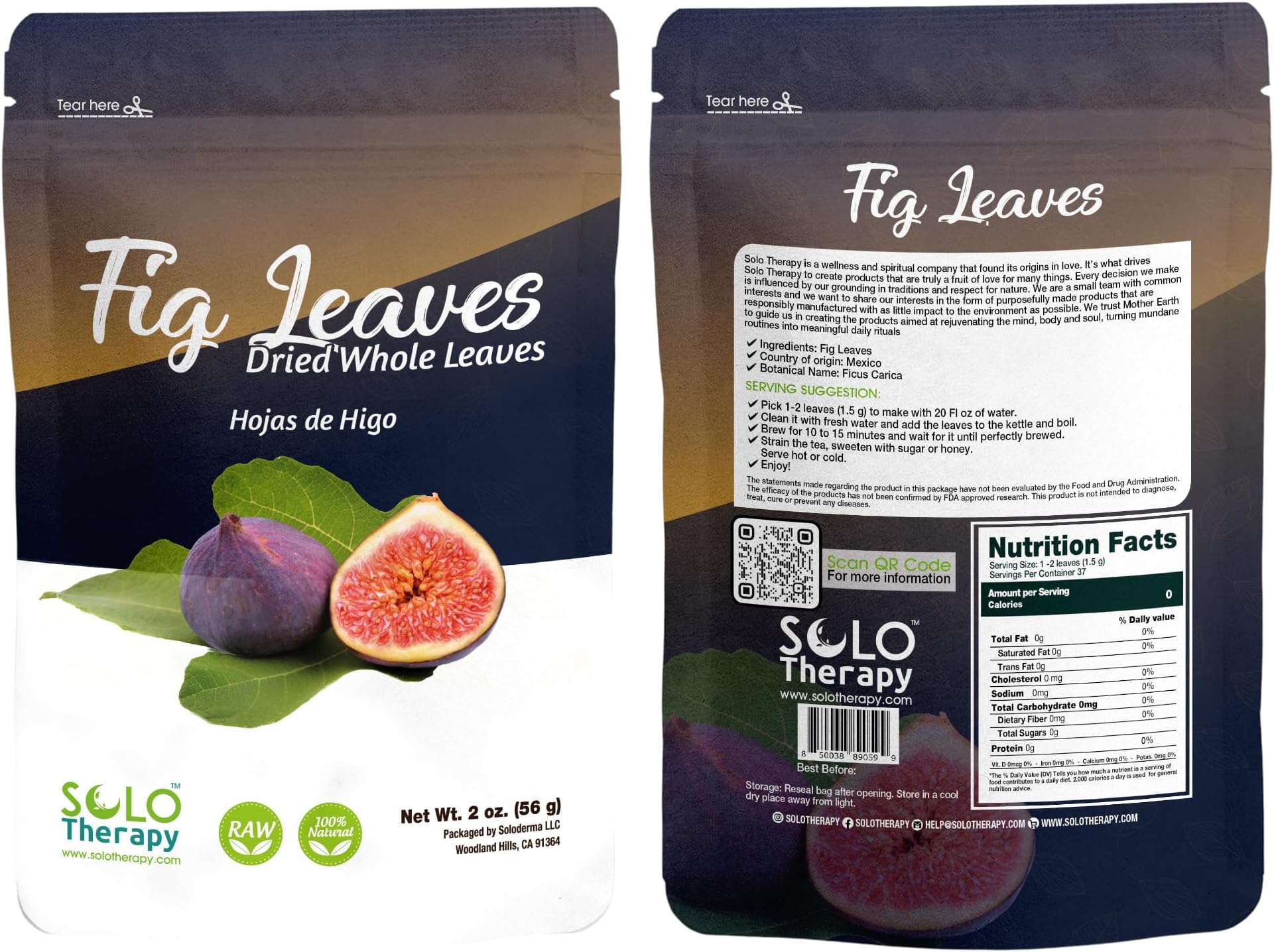 Fig Leaves Herbal Tea 2 oz (56 g) Hoja De Higo Te, Stand Up Resealable Bag, Fig Leaf Tea, Fig Dried Whole Leaves