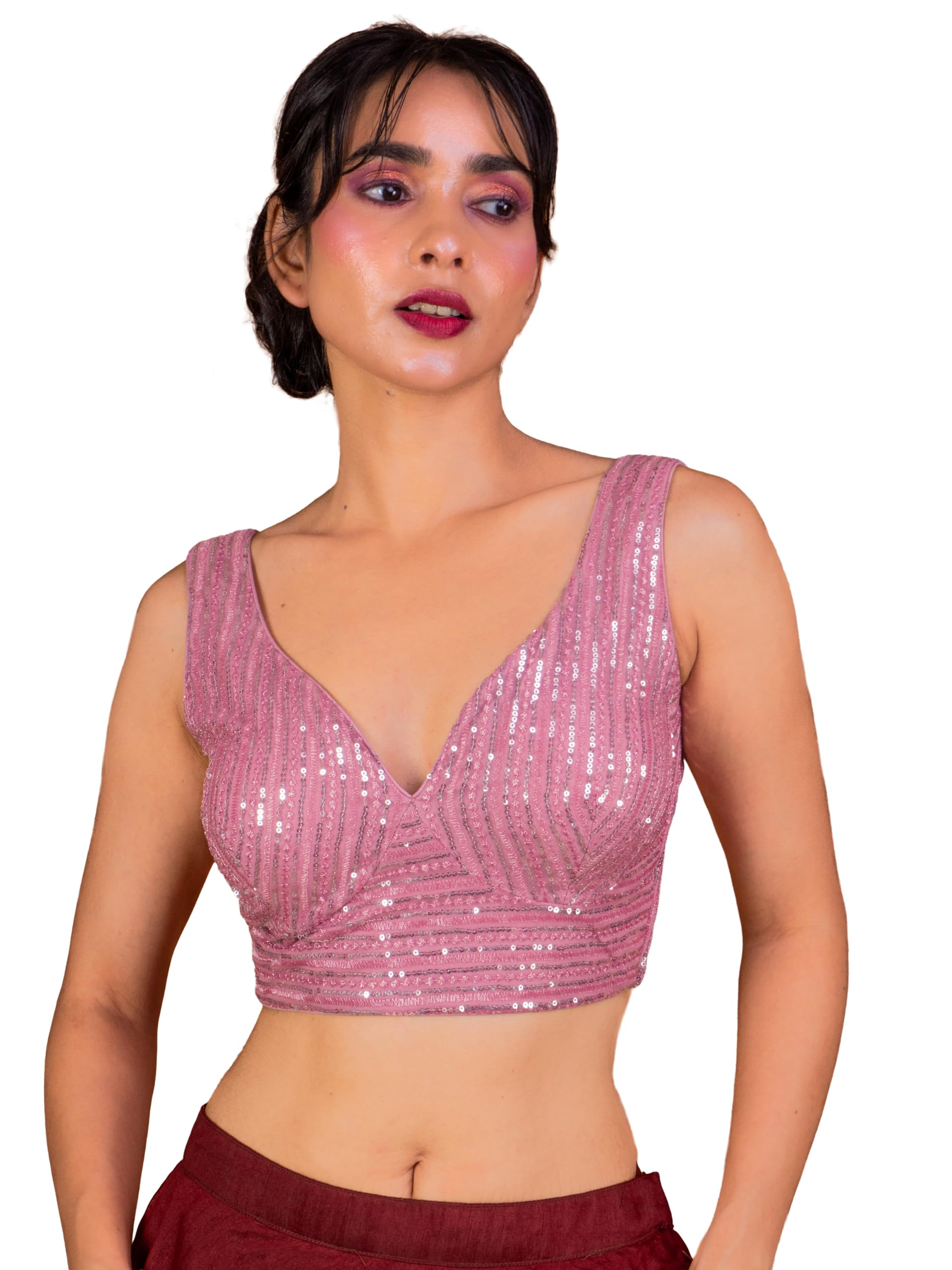 FIGURE'S DESIGNER Women's Sequin Embroidered SabyaSachi Cut Sweetheart V Neck Sleeveless Readymade Saree Blouse E30