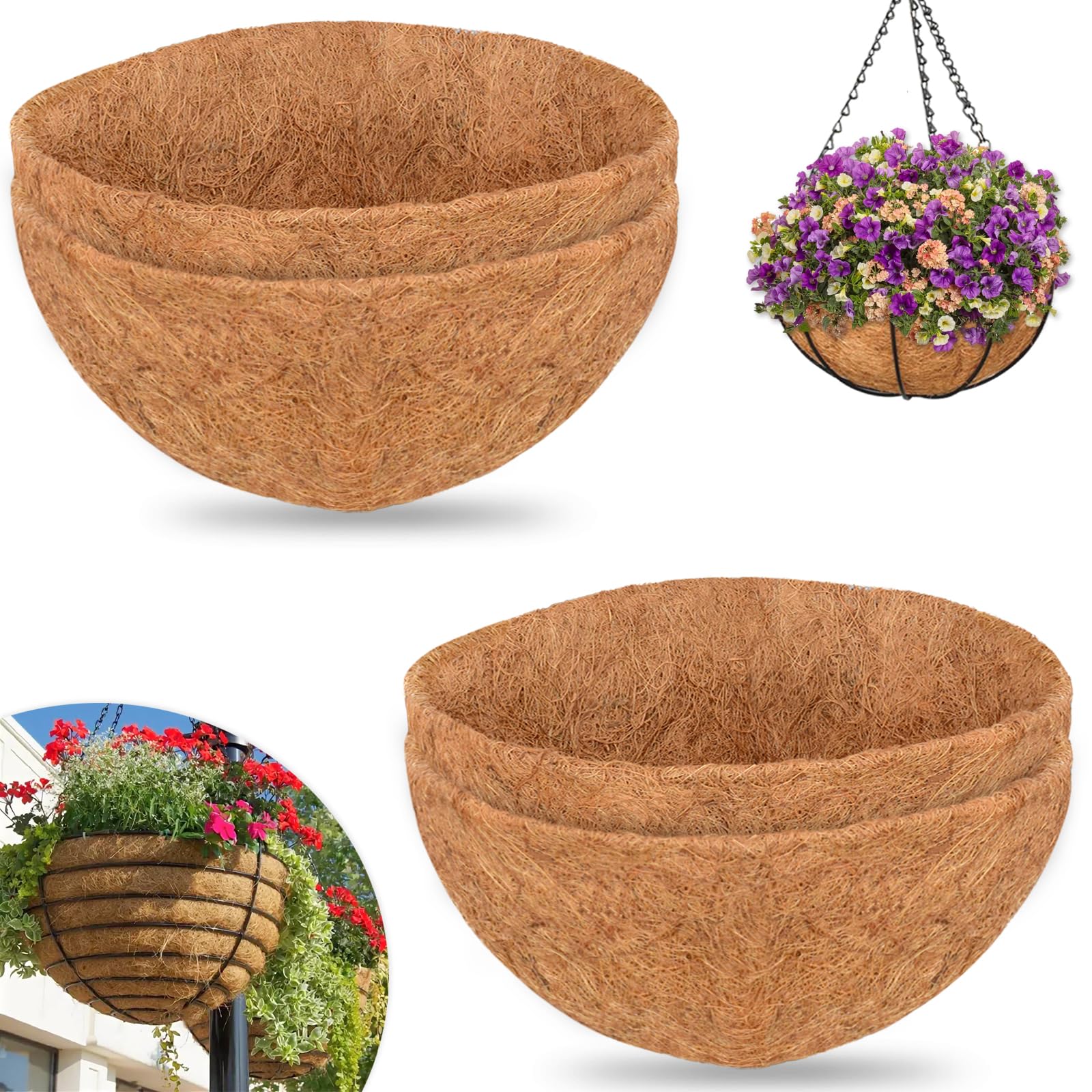 ZeeDix 20 Inch Coco Liners for Hanging Baskets, 4 Pcs Round Coco Liner 100% Natural Coco Fiber Basket Coconut Replacement Liner for Hanging Baskets Planters Flowers Vegetables(20in-4pcs)