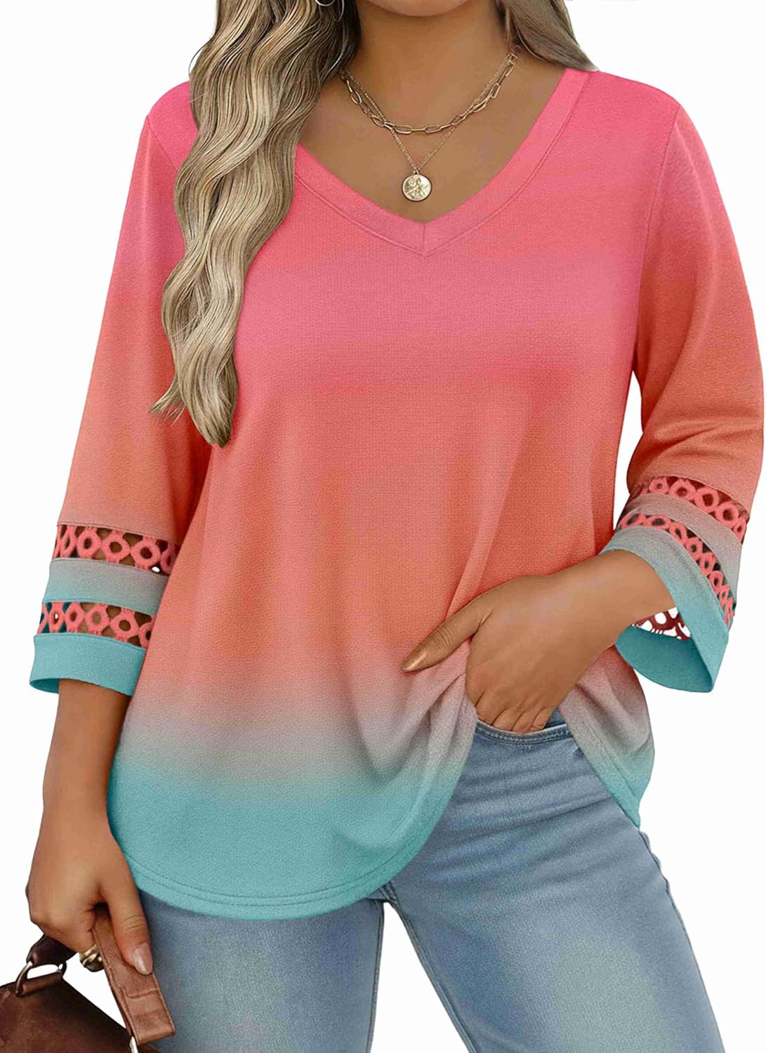 IN'VOLAND Womens Plus Size Tops 3/4 Length Sleeve Shirts Dressy Casual V Neck T Shirts Loose Summer Business Work Blouses