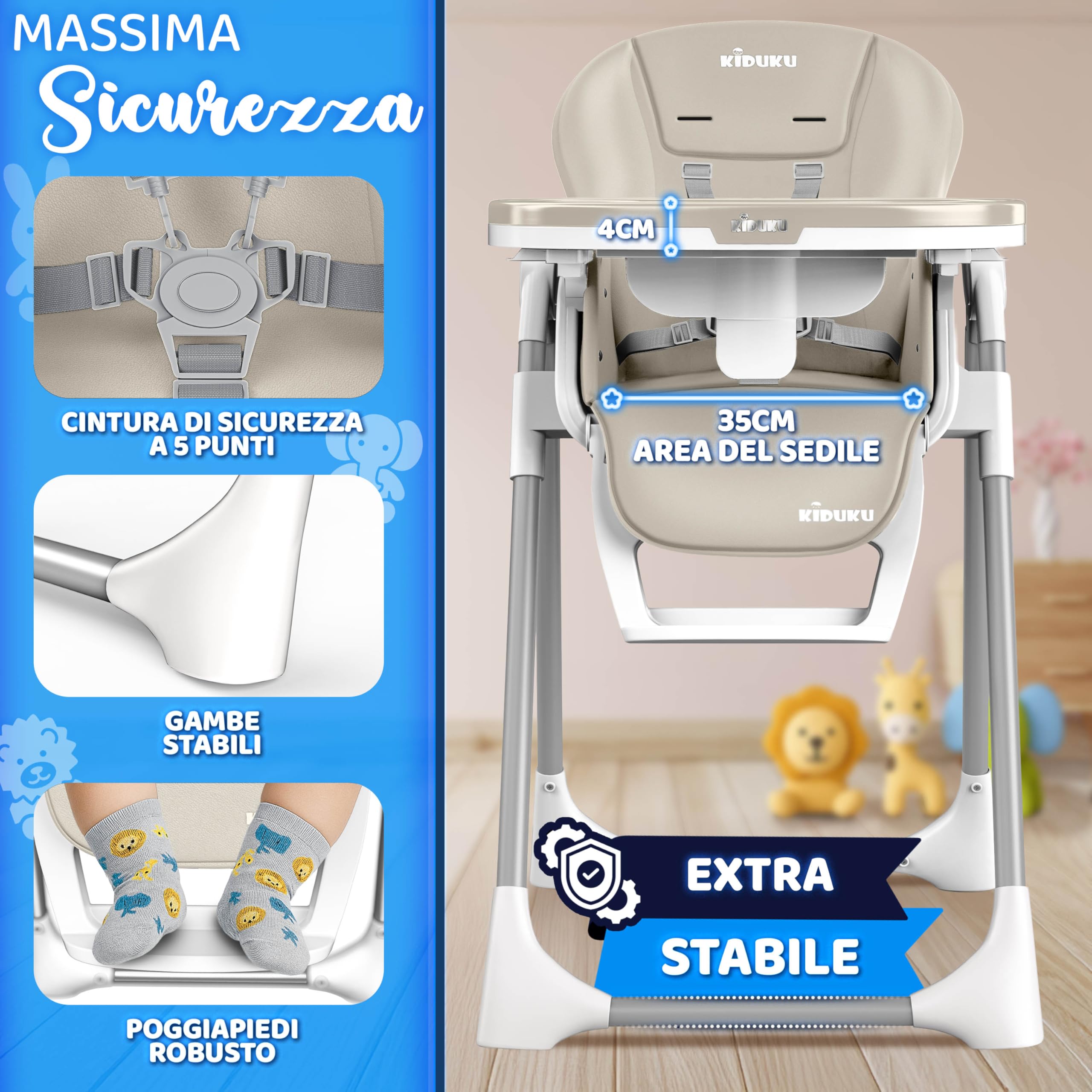 KIDUKU® Seggiolone Pappa Neonato 3 in 1 con Riduttore & Bavaglino | Seggiolone Pieghevole per Bebè e Bambini con Arco Giochi | Sedia Evolutiva Regolabile 7 Livelli | Crescita 0-36 Mesi (Beige)