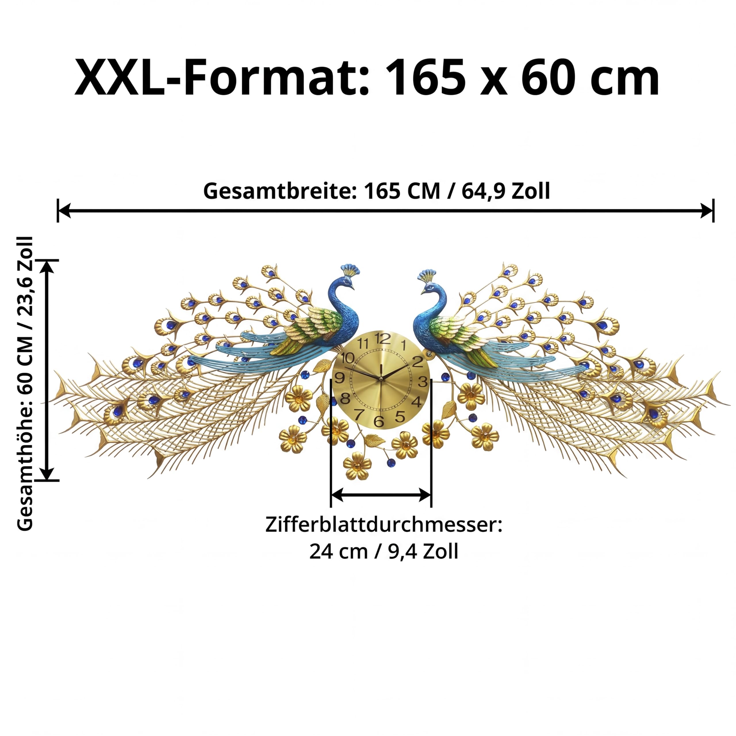 3D Wanduhr Vintage Pfau Uhr Große Wanduhren Mute Nicht Tickend Ohne Batterie Metall Pfauenuhr Für Wohnzimmer Schlafzimmer Küche Deko 165 * 60cm