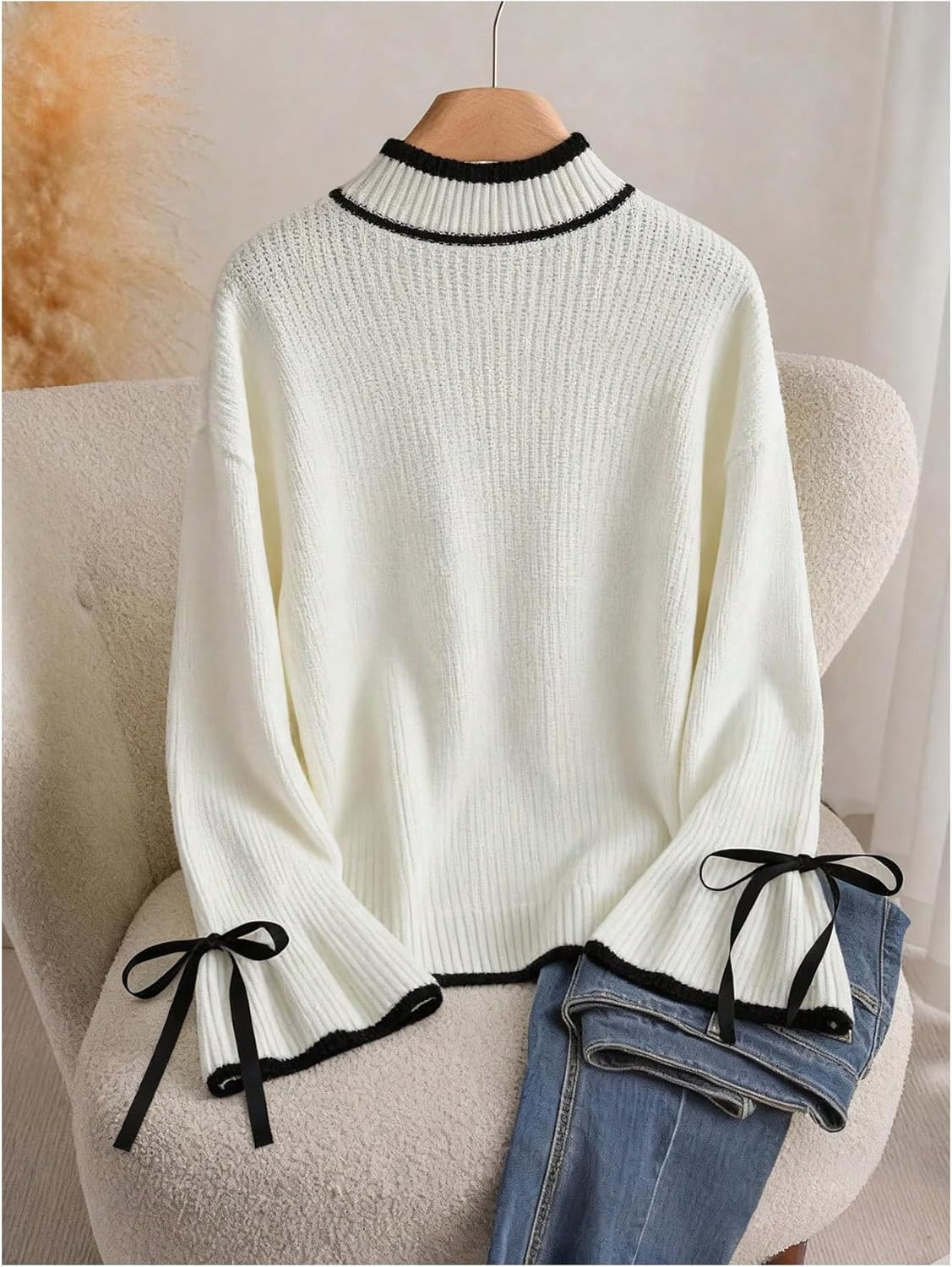 Verdusa Women's Plus Size Bow Flare Sleeve Cozy Sweaters Elegant Contrast Trim Trendy Pullover Knit Tops