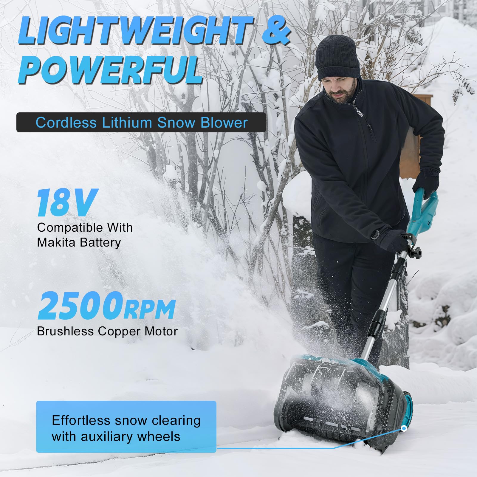 Akku Schneefräse für Makita Akku 18V, 1000W Elektrische Schneefräse Akku Kehrmaschine Schneeräumer, 30cm Schaufelbreite, 20cm Schneeräumtiefe (ohne Akkus)