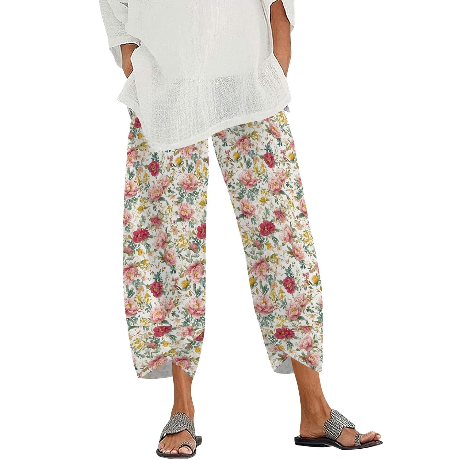 Zaswen High Waisted Cropped Trousers for Women Boho Floral Print Capri Pants Casual Loose Fit Straight Leg Pants