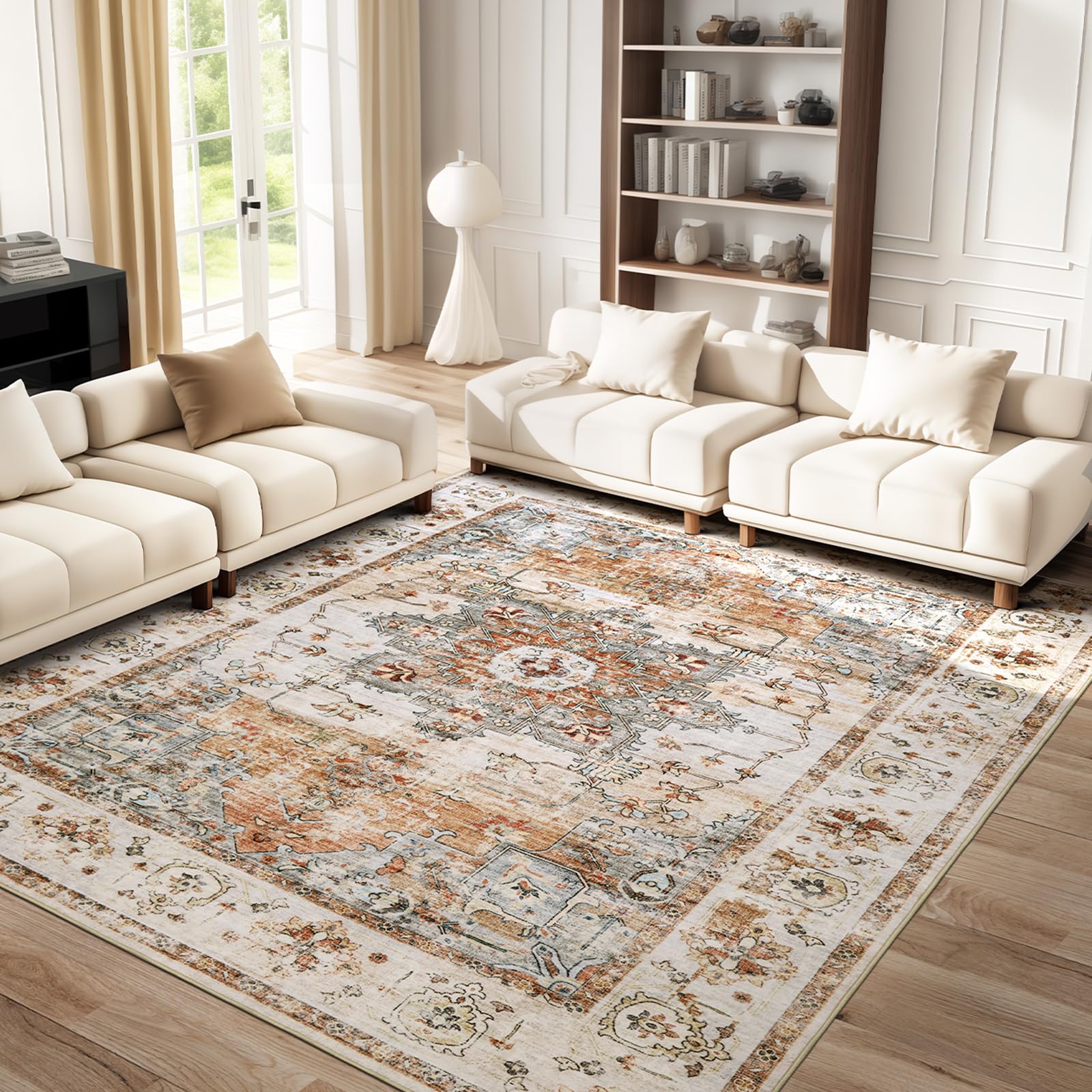 Vintage Living Room Area Rug 8x10 feet- Large Washable Soft Low-Pile Rugs, Traditional Boho Oriental Farmhouse Non-Slip Area Rugs for Bedroom Dining Indoor Carpet Dorm Office