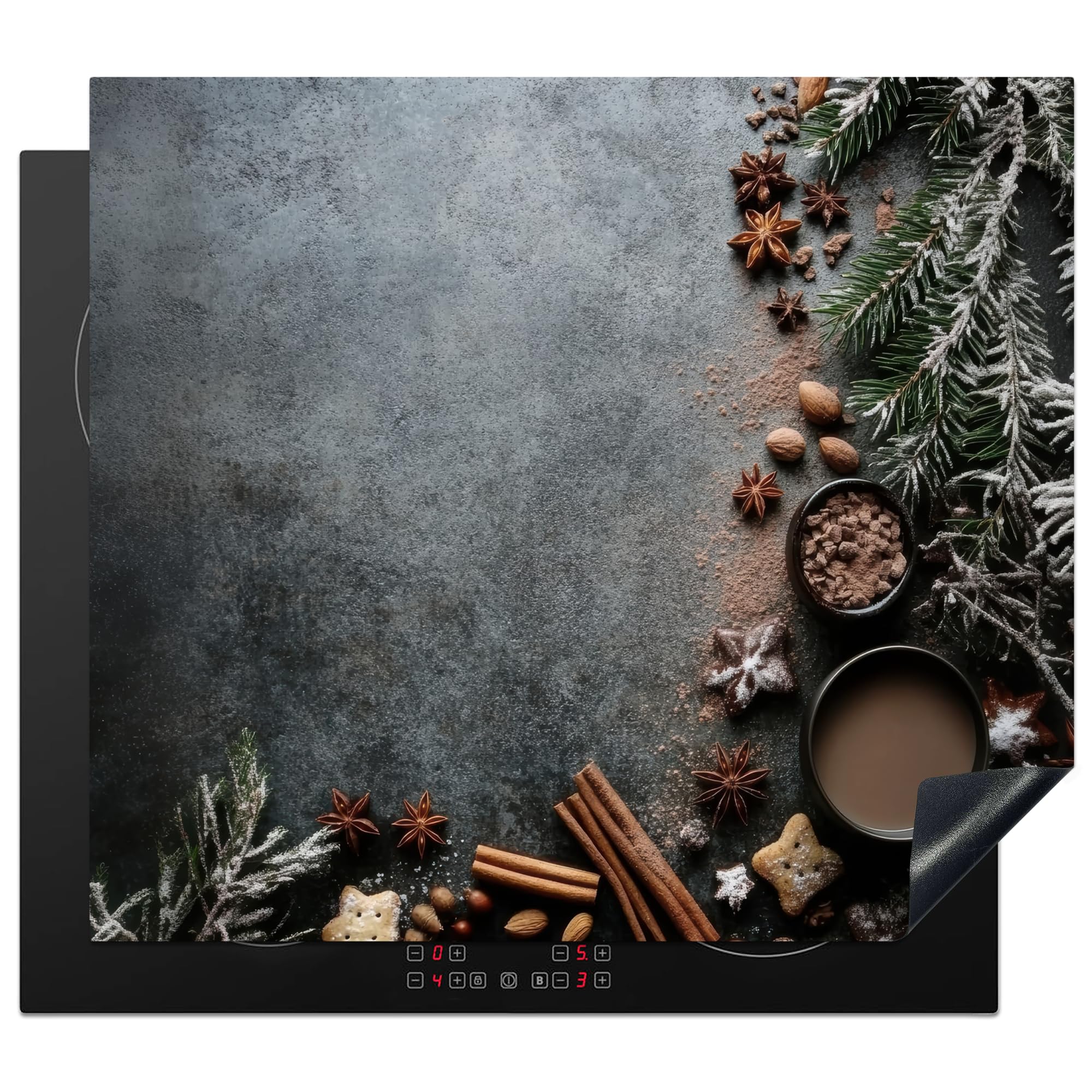 KitchenYeah© Induction Hob Cover Protector Mat 20.2"x22.9" / 58.3x51.3 cm Kitchen Universal Ceramic Covers for Electric Cookers Vinyl Winter - Herbs - Snow - Chocolate
