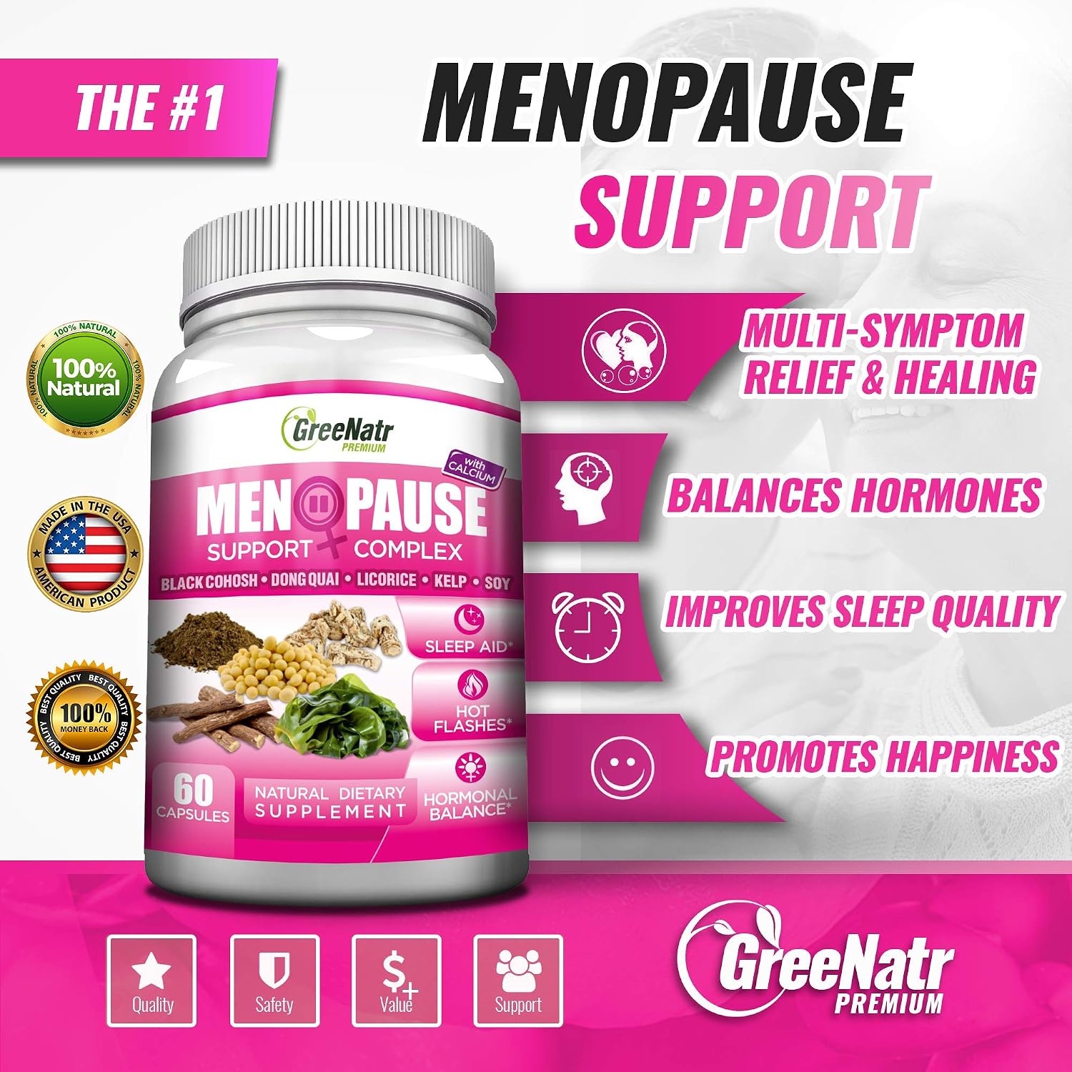 Herbal Menopause Support Complex for Hot Flashes, Night Sweats & Mood Swings Relief. Promotes Balanced Hormone Levels Naturally with Black Cohosh, Dong Quai, Licorice Root & Kelp Leaves, Veggie Caps