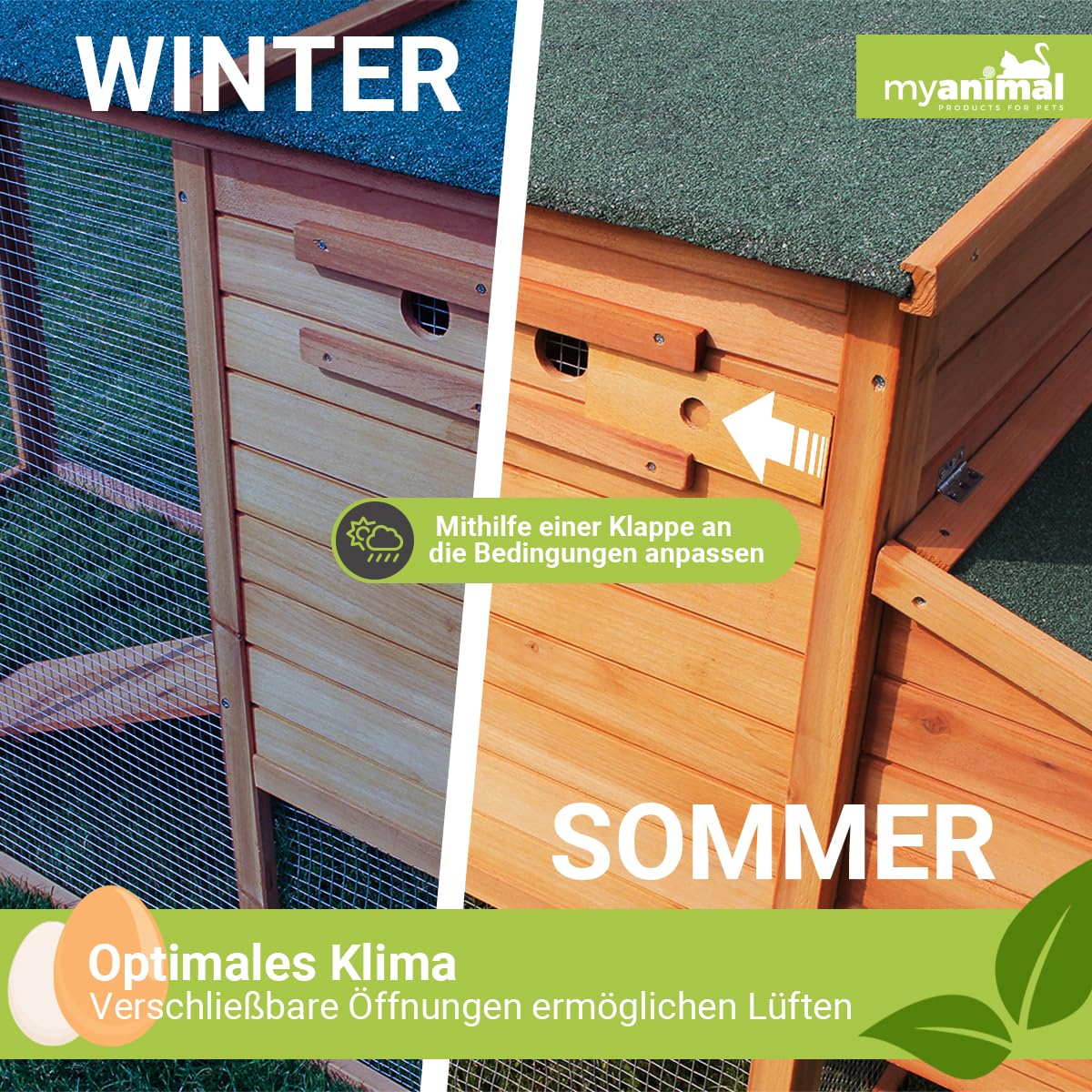 Miweba MyAnimal Hühnerstall MH-04 | 174x76x103 cm - Für 4 Hühner mit Eiablage - Nistkasten - Kleintierkäfig Winterfest - Freilaufgehege - Käfig - Hühnerhaus - Vogelkäfig - Voliere (MH-04 Braun)