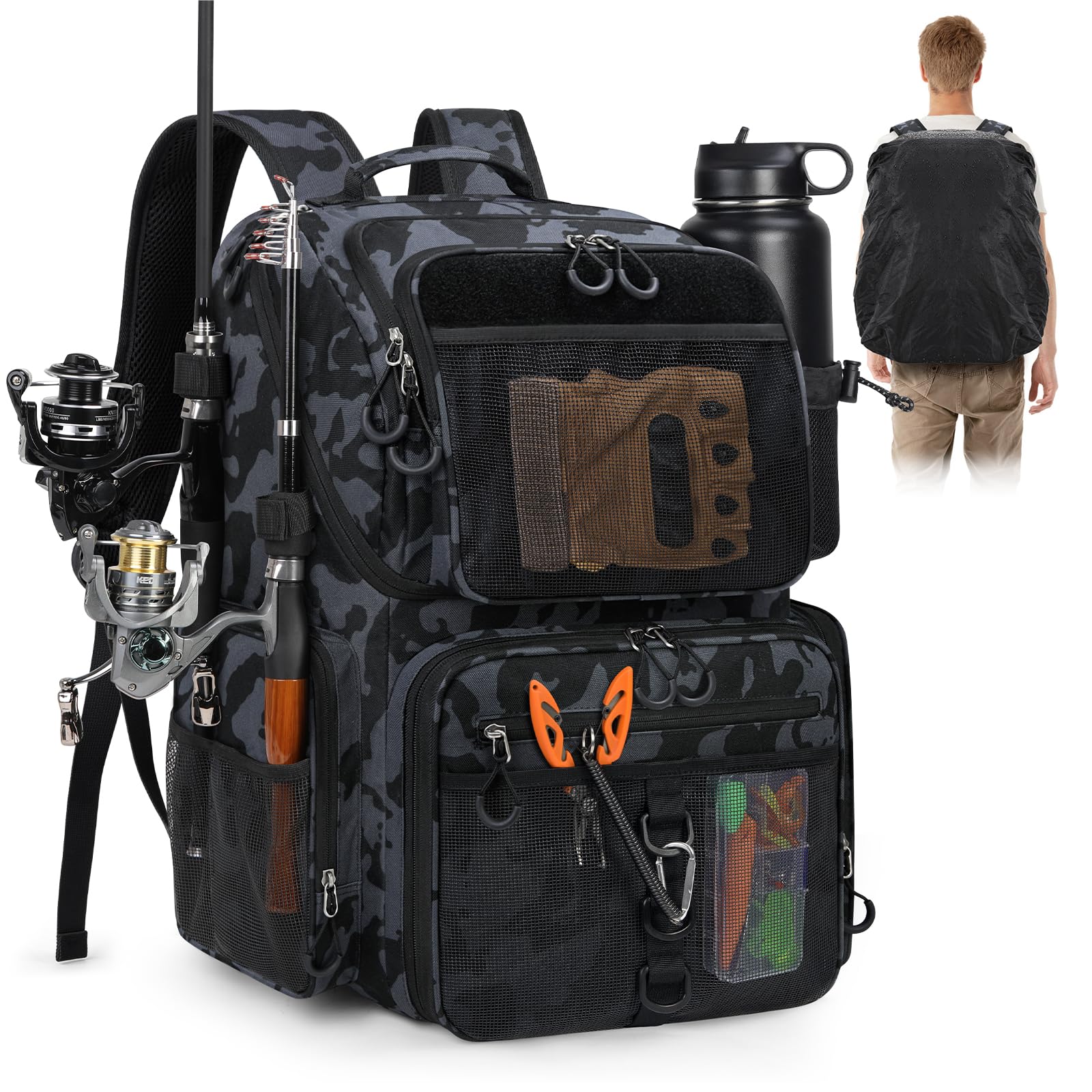 RAINSMORE Fishing Bag 45L Large Fishing Backpack Waterproof Tackle Storage Bags with Rod Holders & Rain Cover for Men Camouflage