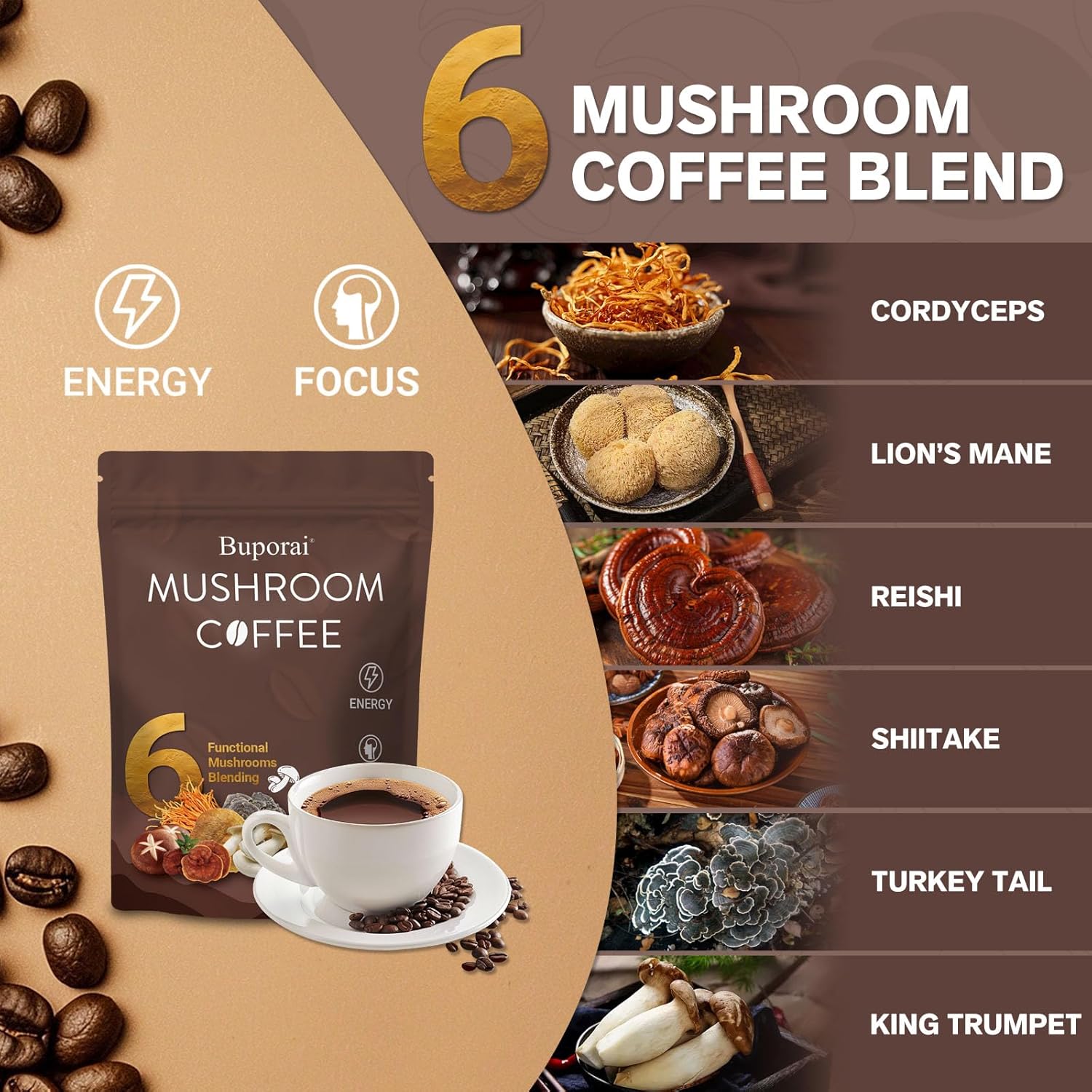 Mushroom Coffee, Instant Mushroom Coffee with 6 Mushrooms Lion’s Mane, Cordyceps, Turkey Tail & Other for Energy, Focus, Digestion, Immunity, 30 Servings (1 Pack) - Image 3