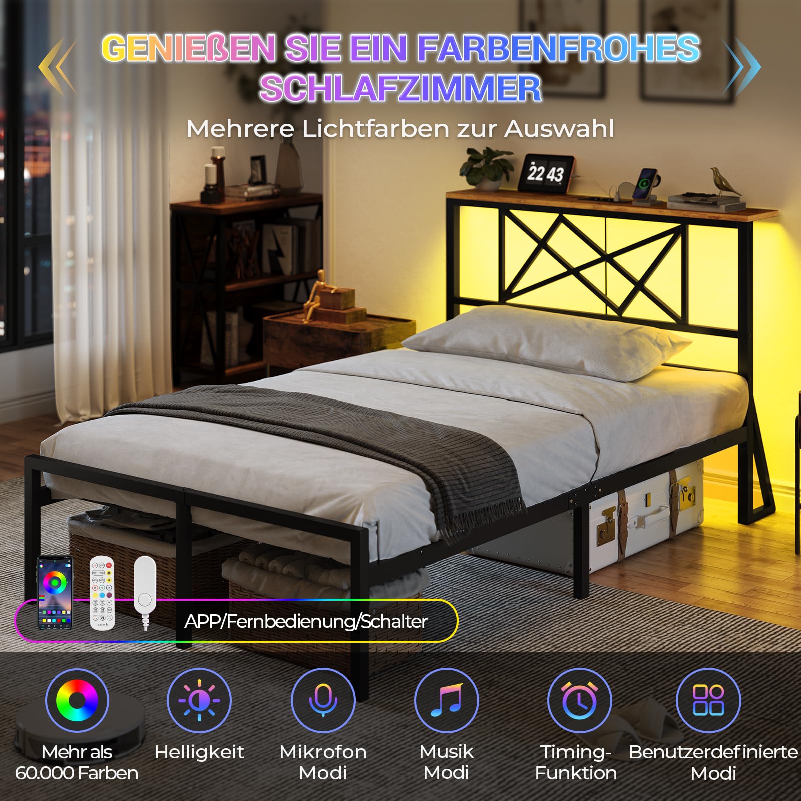 DICTAC Bettgestell 90x200 mit LED Beleuchtung, Bett 90x200 mit Steckdose und 2 USB, Einzelbett mit Holzkopfteil, Metallbett mit Lattenrost aus Metall, Bettrahmen mit Stauraum unter dem Bett, Höche 32
