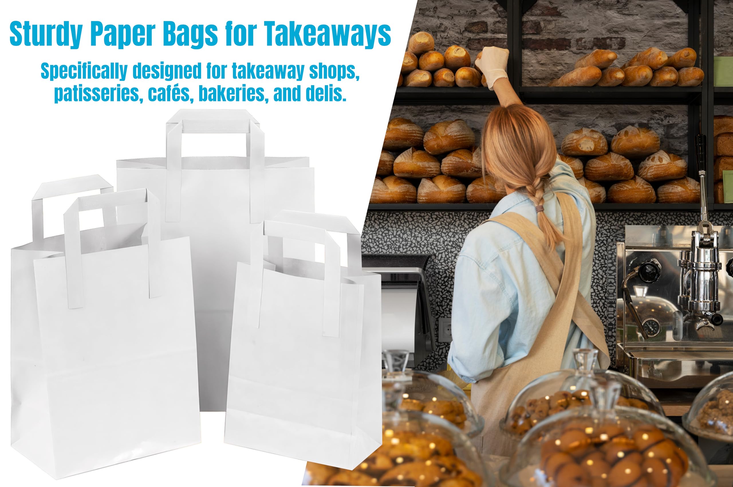 250 bolsas para llevar de papel kraft blanco SOS, bolsas de transporte de alimentos con asas, ecológicas, seguras, fiestas, para llevar, bar, restaurante, compras, almuerzo, regalo, picnic, duraderas