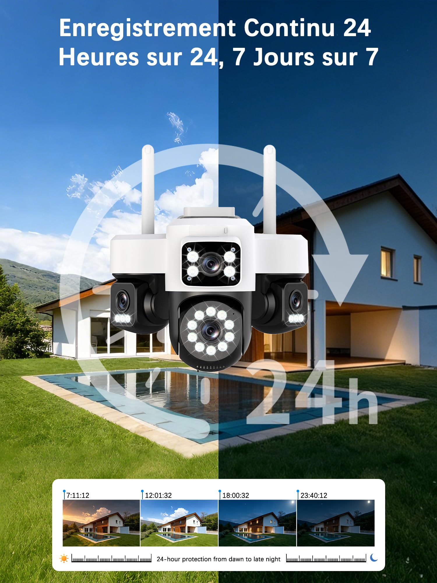 4G Camera Surveillance Exterieure sans Fil,AOV 24/7,Quatre objectifs/Camera Solaire/Batterie,4K caméras de Surveillance avec Carte SIM,Vision Vocturne,Alarme,Audio Bidirectionnel,Suivi Automatique