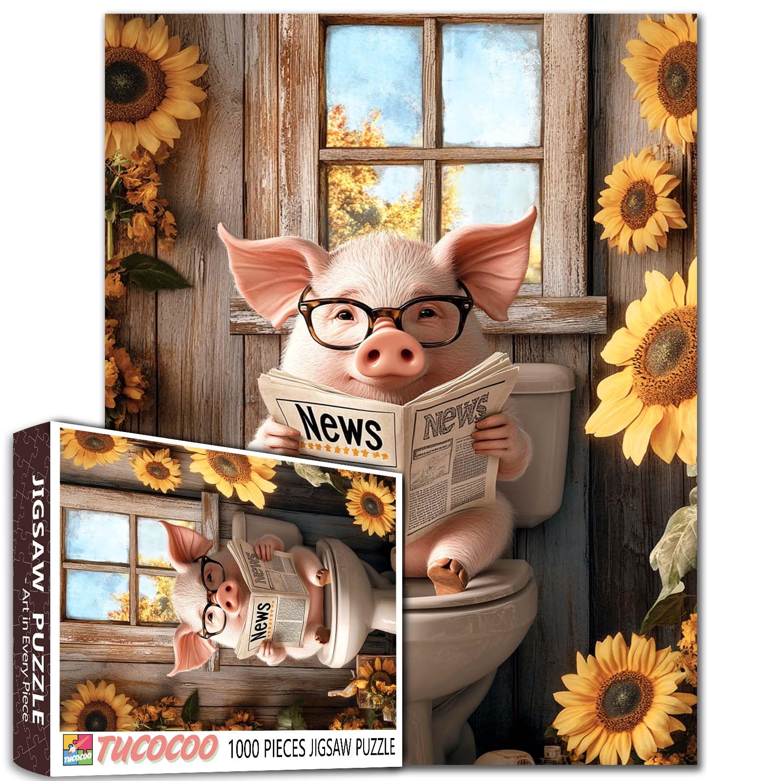 Cute Pig on Toilet Jigsaw Puzzle for Adults 1000 Piece Glasses Pig Reading Newspaper Puzzles for Bathroom Wall Decor Funny Animal with Sunflowers Challenging Puzzle Gift for Family Game Night Fun