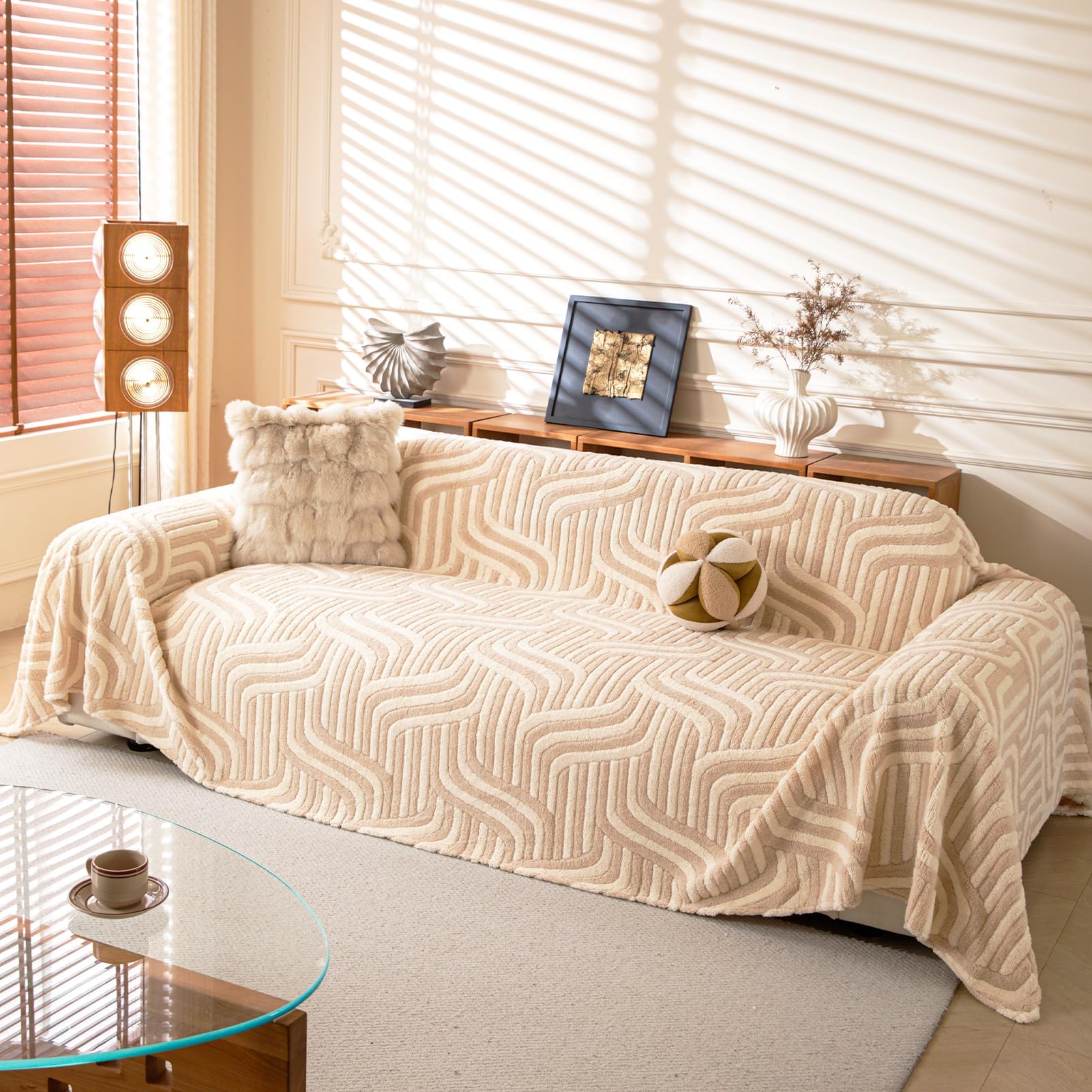 Sofa Cover Washable, Soft Plush Couch Covers for 3 Cushion Couch Sofa Pet Friendly, Sofa Slipcovers for Sectional Sofa, Loveseat, 1/2/3/4 Seater (180 x 260 cm, Light Brown)