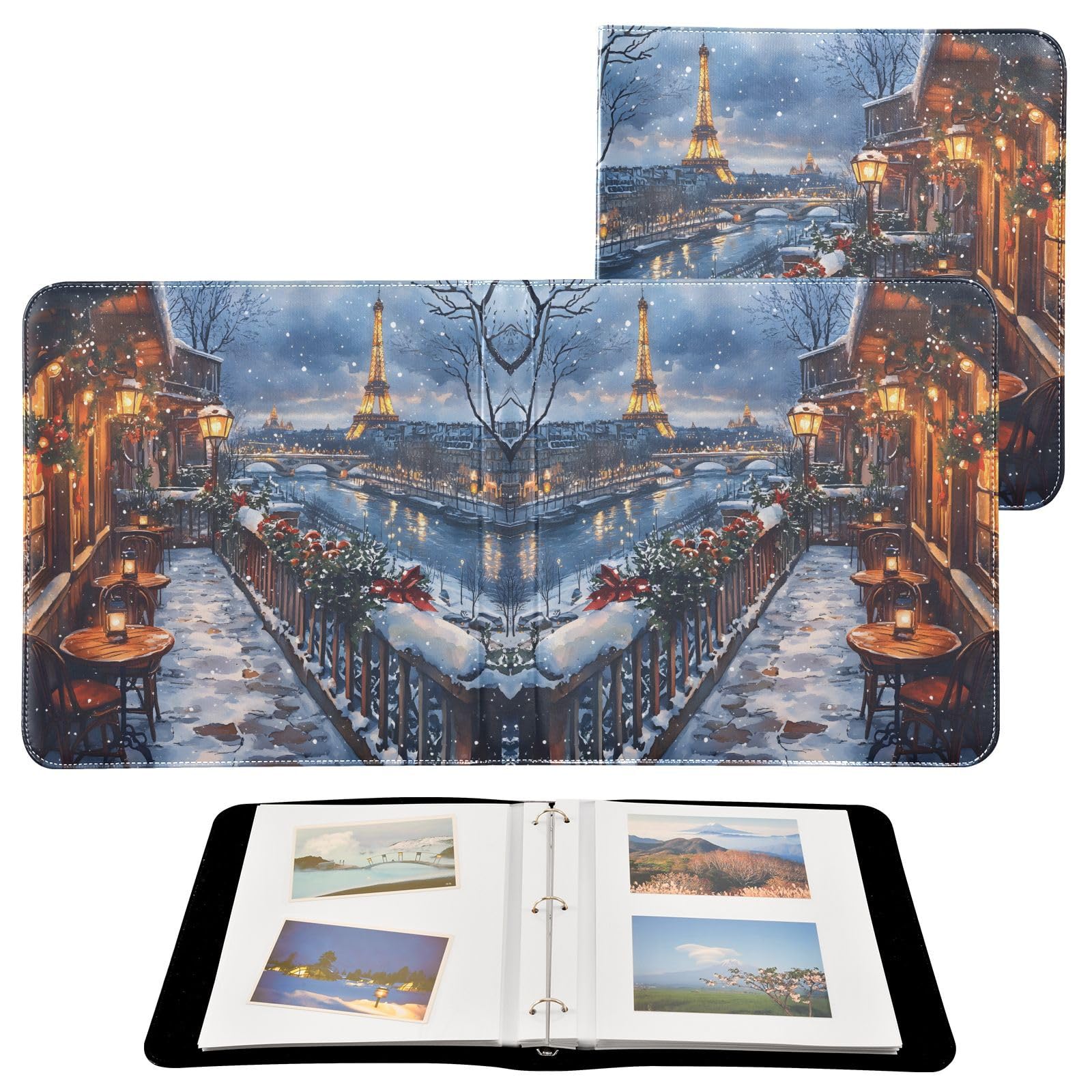 JIPONI Winter Eiffel Tower Large Photo Album, DIY Leather Cover Scrapbook Albums for 4x6 5x7 6x8 Pictures, Self Adhesive Memory Book for Wedding, Baby, Family