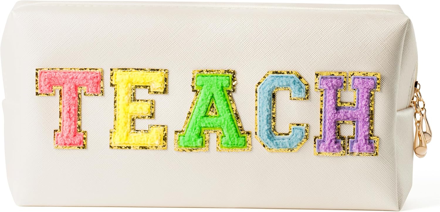 CY2SIDE Colorful TEACH Letter Patch Makeup Bag Shell Gold PU Leather Patch Cosmetic Bag with TEACH Chenille Letter for Travel Waterproof Portable Zipper Travel Organizer for Teacher Appreciation Gifts