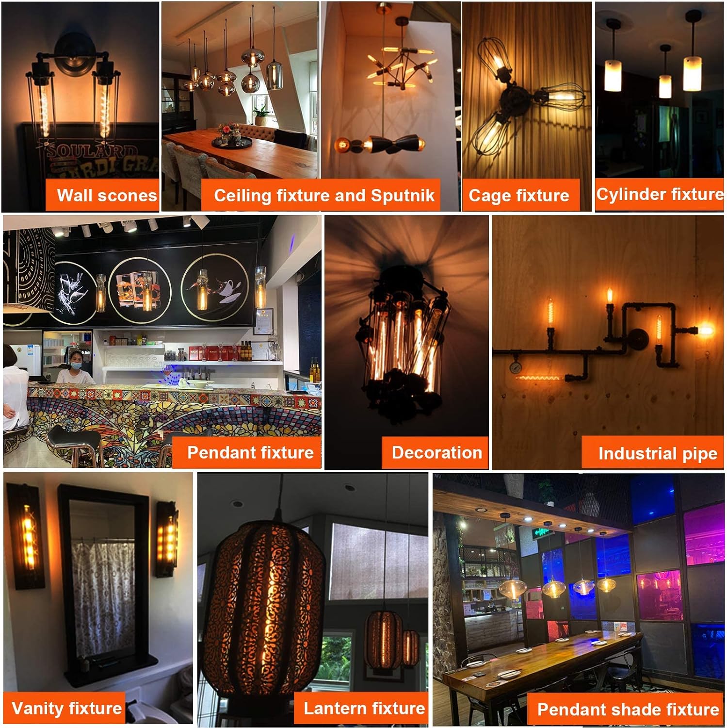 LiteHistory Bundle of Tubular T14 T45 LED Bulb and T10 led Bulb 6w led Bulb Equal 60 Watt Light Bulb Warm White 2200K Amber Edison Bulb AC120V 450lm for Rustic Pendant,Industrial Wall sconces