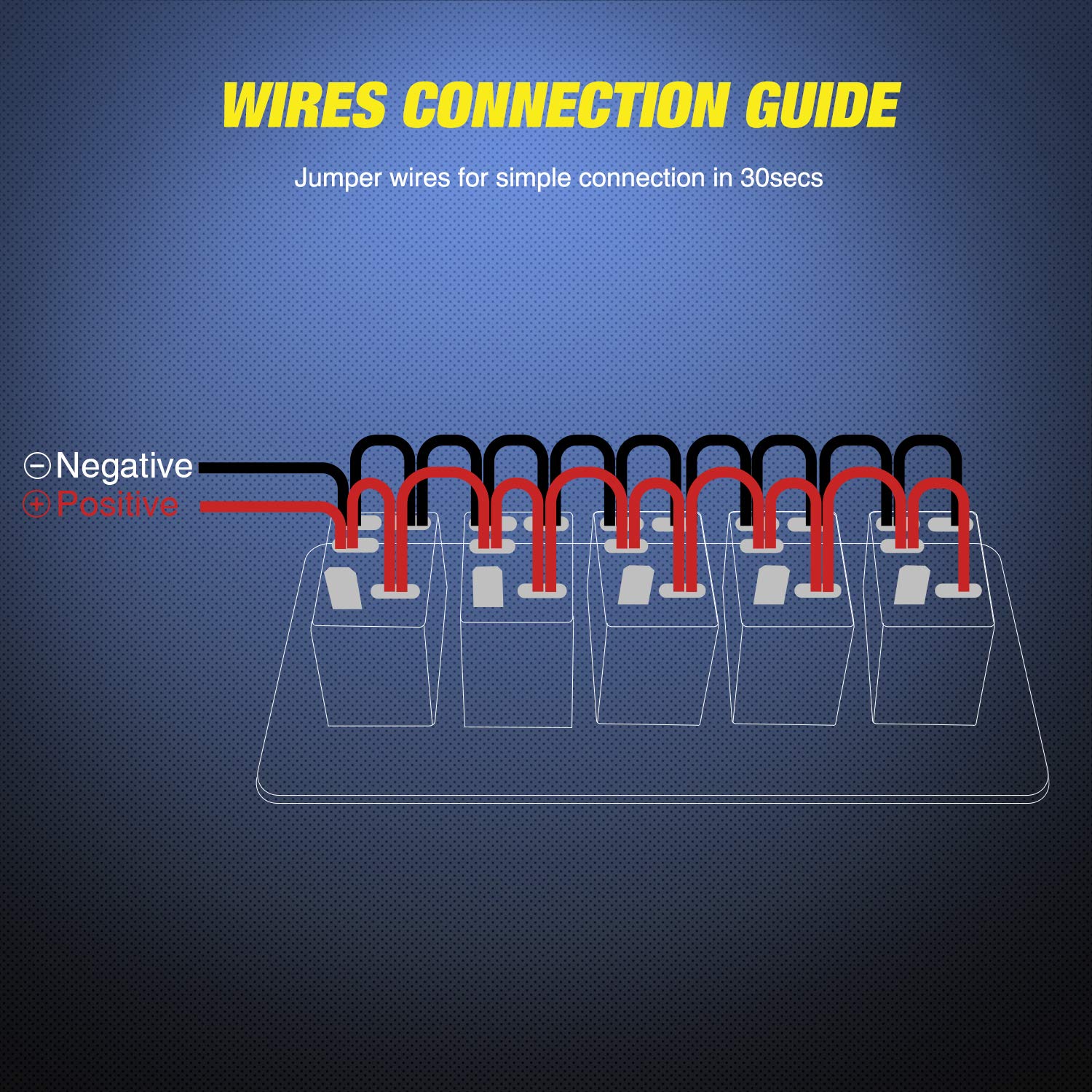 Wiring diagram for the Nilight 5 Gang Rocker Switch Panel showing jumper wires connecting the positive terminals of each switch and a single negative wire connecting to the common negative terminal.