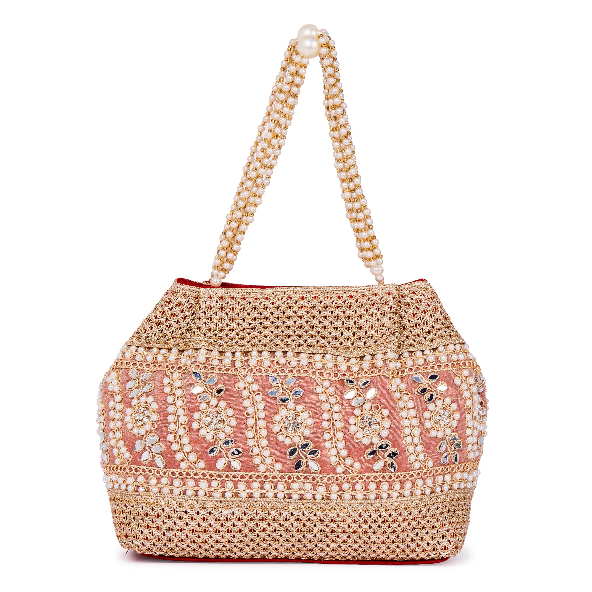 cara fashion Golden Fern Pearl Potli Bag, Handcrafted Fern Embroidery with Pearl Handle, Wedding & Festive-picture-14