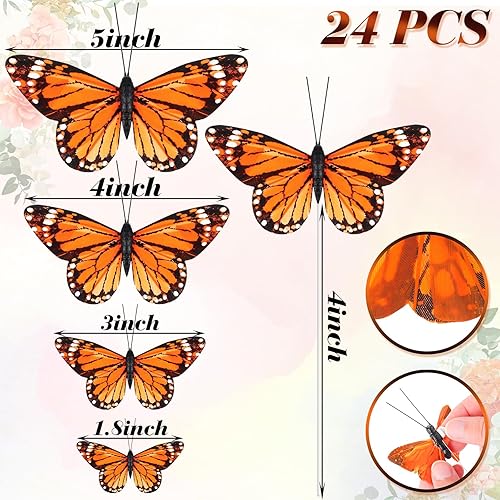 Miniatura 2 de Giegxin 24 piezas de decoraciones de mariposa monarca artificial de 4 tamaños de mariposa monarca, decoración de mariposa en púas, mariposas para