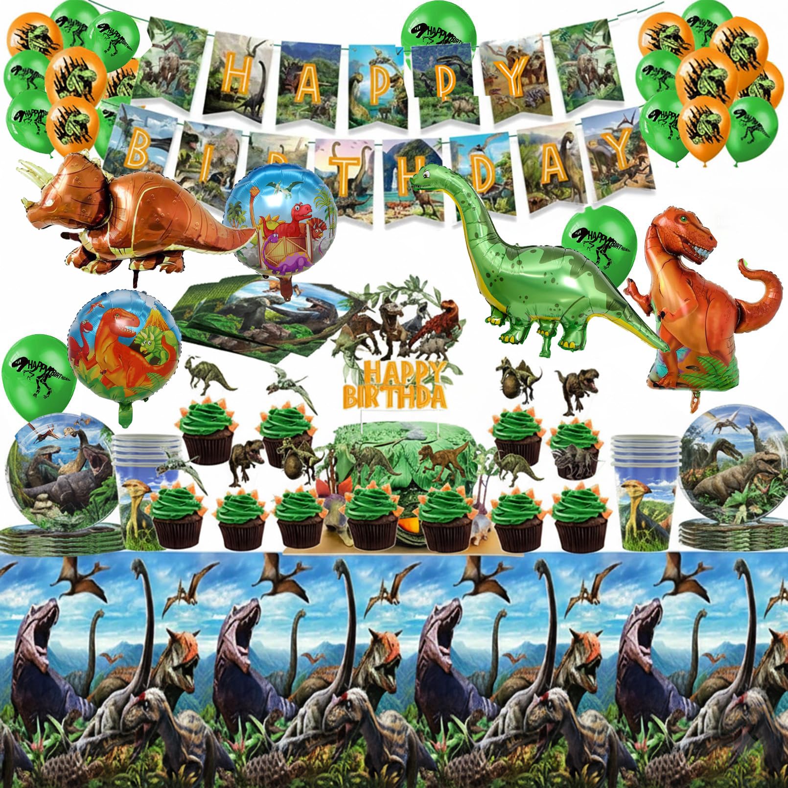Dinosauro Stoviglie Compleanno,86Pcs Addobbi Compleanno Dino,Kit Feste Dino,Banner,Piatto,Tovaglia,Decorazioni Compleanni