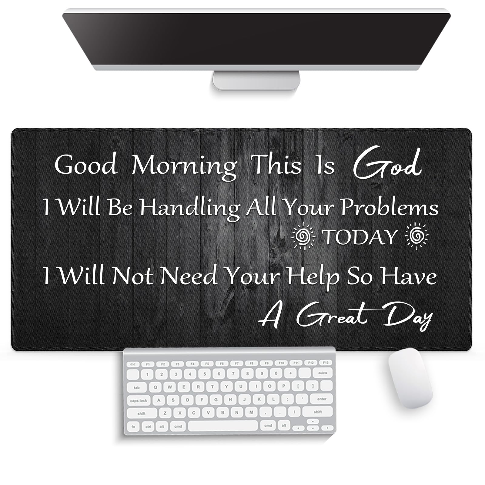 knseva Inspirational Large Gaming Mouse Pad (31.5" x 15.8") - Good Morning This is God Motivational Quote Rustic Black Wood, Spiritual Religious Christian Bible Verse Scripture, Stitched Desk Mat