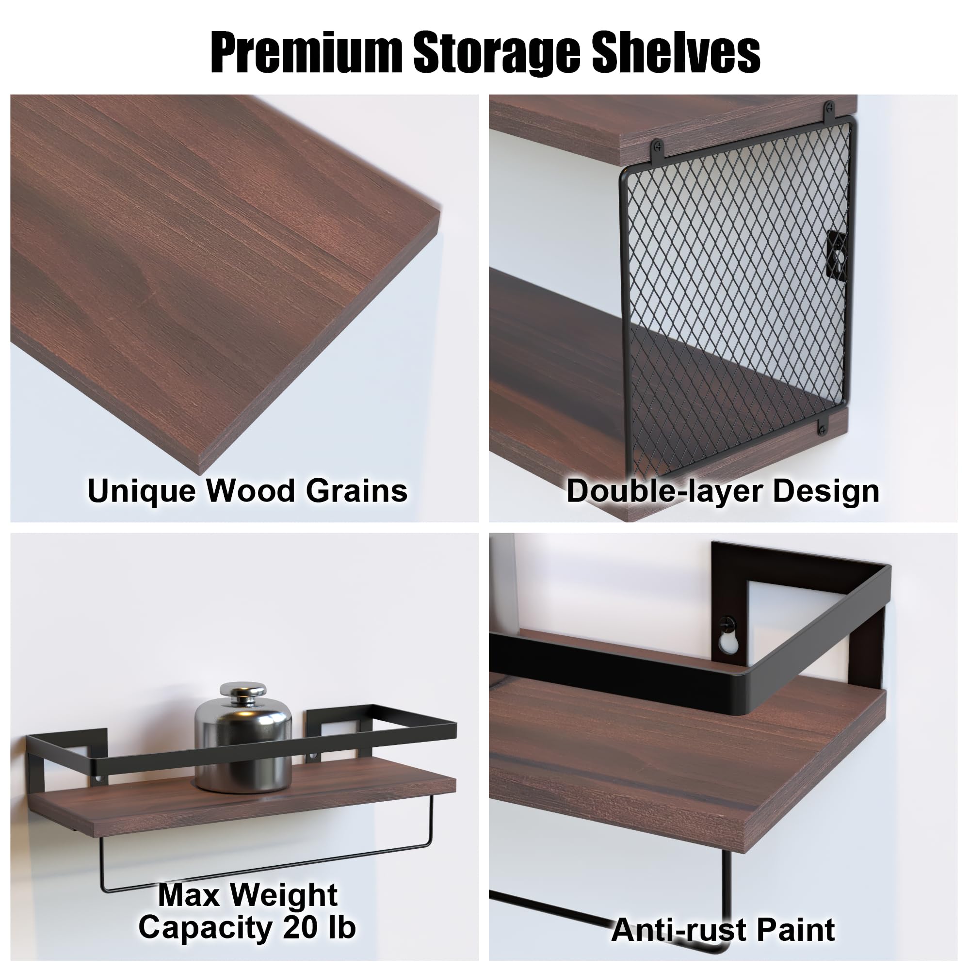 Boswillon Floating Shelves, Bathroom Shelf for Wall Decor with Towel Bar, Wall Mounted Shelf Over Toilet Storage, Bathroom Wall Storage, Wall Organizer for Bathroom Kitchen Living Room - Rustic Brown