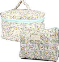 Vista 9 de VIWIME Bolsa de cosméticos de maquillaje, grande, de algodón, acolchada, de viaje, coquette, estética, linda, floral, bolsa de maquillaje