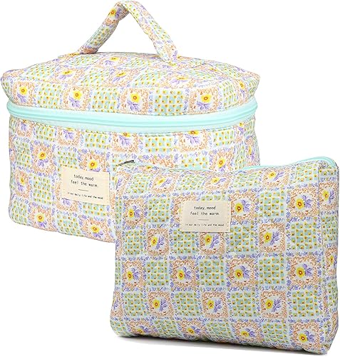 Miniatura 9 de VIWIME Bolsa de cosméticos de maquillaje, grande, de algodón, acolchada, de viaje, coquette, estética, linda, floral, bolsa de maquillaje