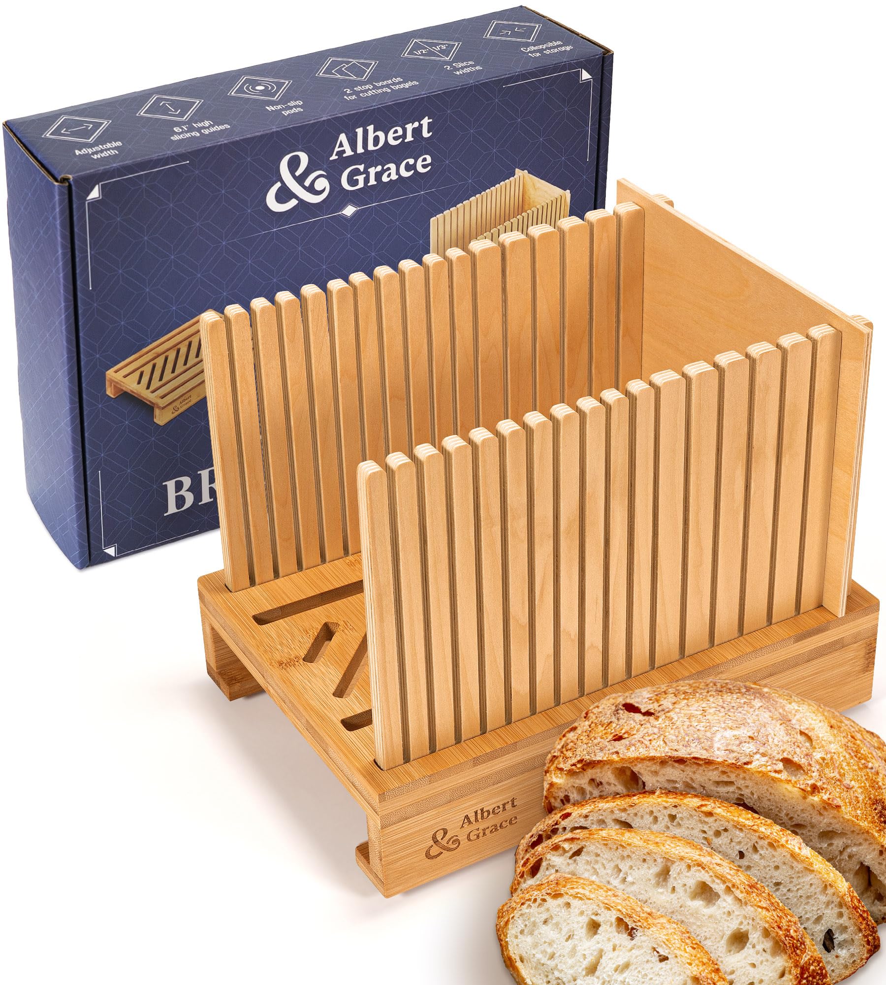 albertampgrace bamboo bread slicer for homemade bread  adjustable width slicing guides compact amp foldable loaf cutter for perfect slices amp halving bagels