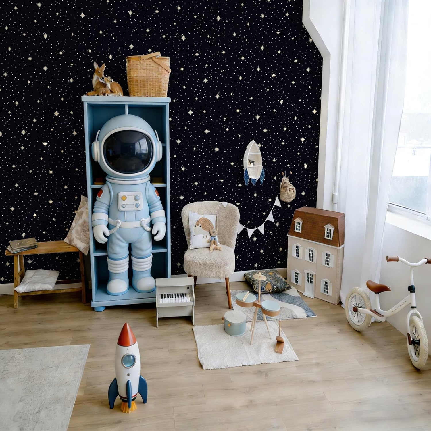 Celestial Starry Night Peel and Stick Wallpaper, (Black and Cream) Whimsical Cosmic Pattern Wallpaper for Home Decor | 17.7" x 236", Self-Adhesive, Waterproof Vinyl